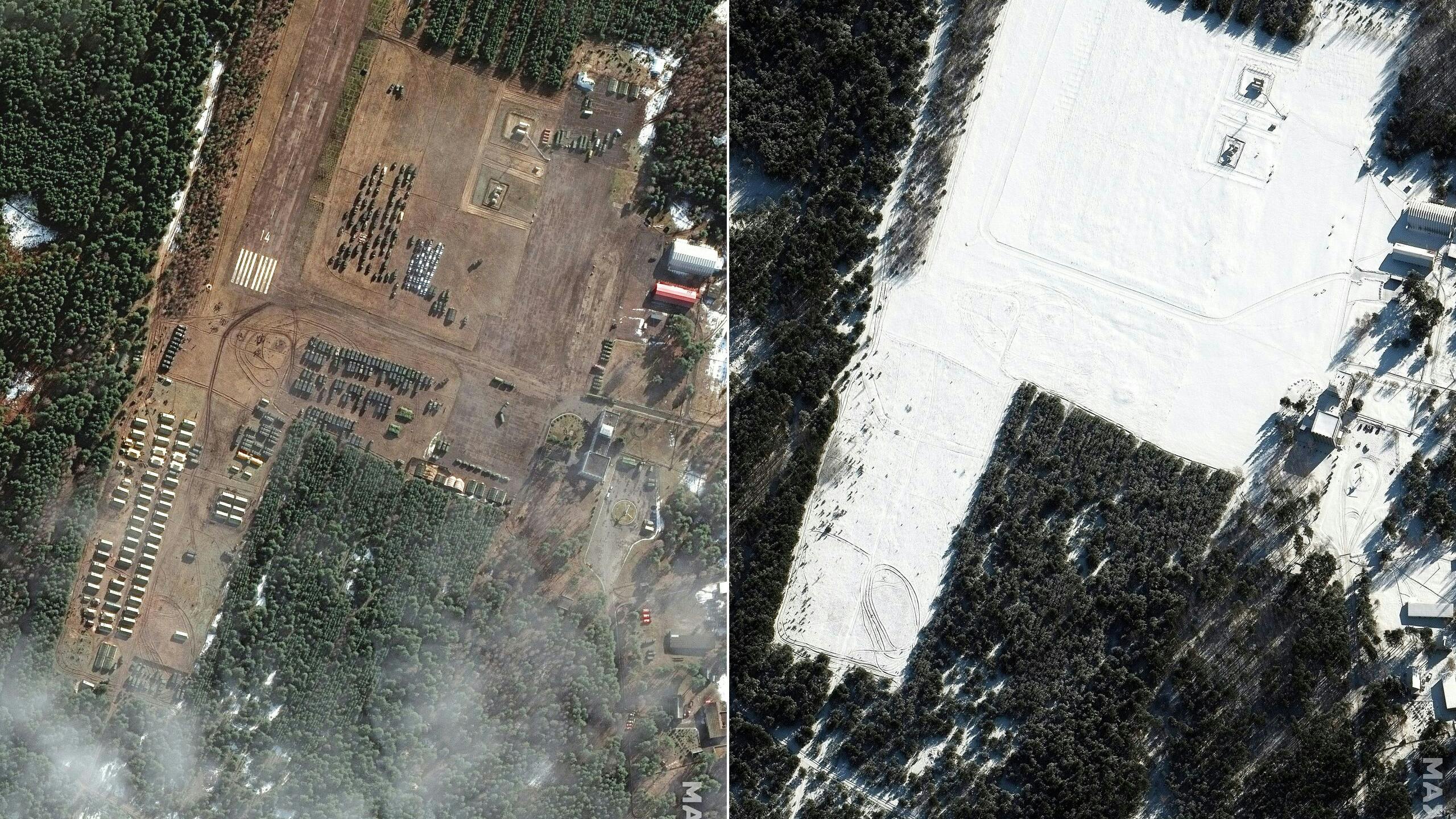 Links: nieuwe opbouw van meer dan honderd voertuigen en een tentenkamp voor militairen op 22 februari. Rechts: V.D. Bolshoy Bokov aerodrome, een klein vliegveld vlakbij Mazyr in Zuid-Belarus op 4 februari. 