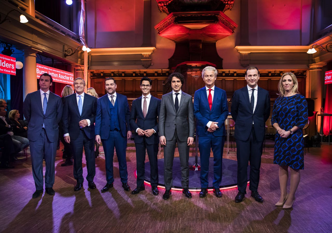 2019-03-07 22:18:22 AMSTERDAM - Fractievoorzitters (VLNR) Thierry Baudet (FvD), Sybrand Buma (CDA), Klaas Dijkhoff (VVD), Rob Jetten (D66), Jesse Klaver (GroenLinks), Geert Wilders (PVV), Lodewijk Asscher (PvdA) en Lilian Marijnissen (SP) in de pauze van het RTL Verkiezingsdebat in de Rode Hoed. ANP BART MAAT