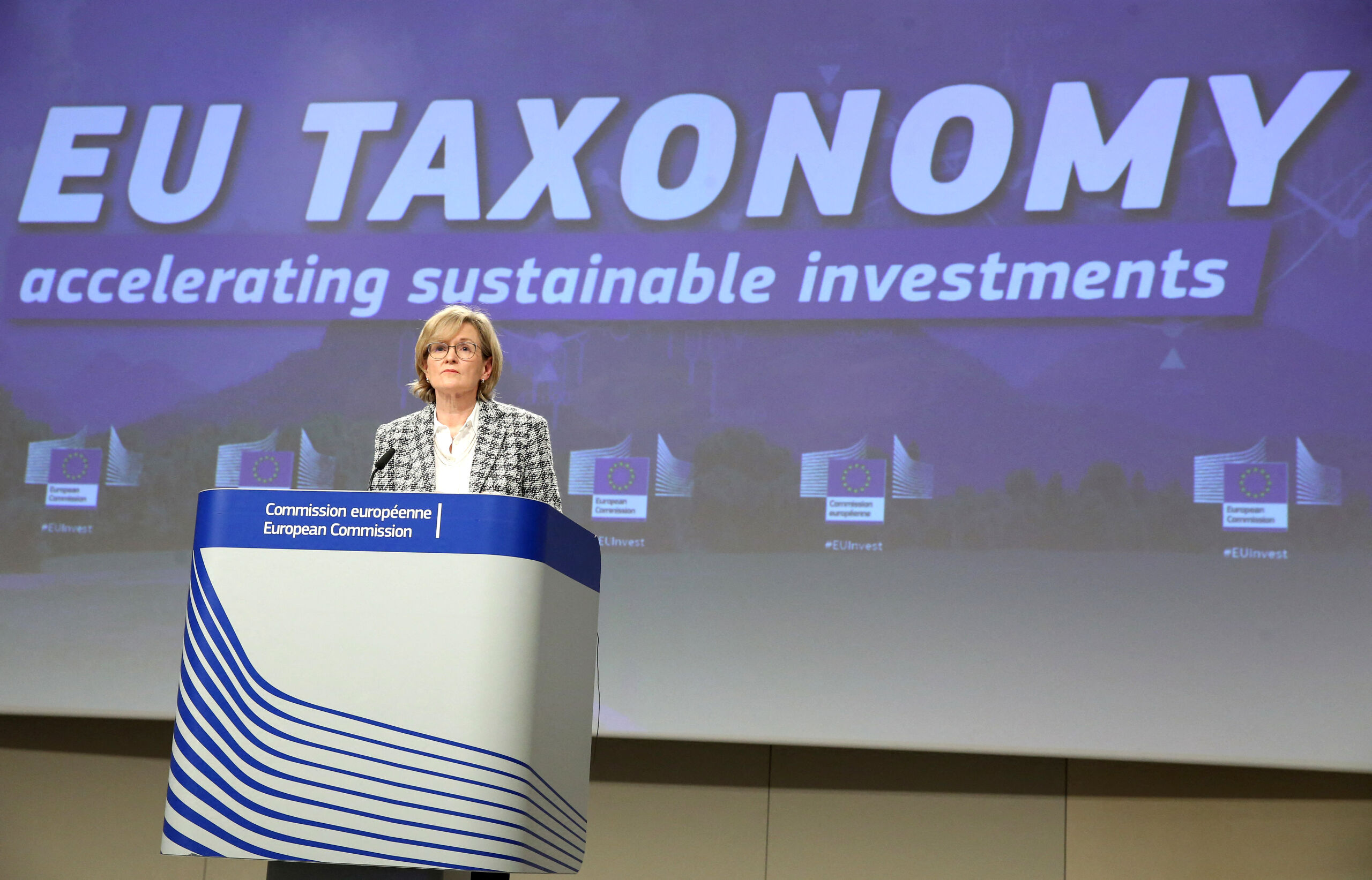 European Commissioner for Financial Stability, Financial Services and the Capital Markets Union, Mairead McGuinness holds a press conference on EU Taxonomy for sustainable activities in Brussels on February 2, 2022. The European Commission announced on February 2, 2022 it backs giving a sustainable finance label to both nuclear power and natural gas to encourage investments it hopes will speed the transition to a greener economy. François WALSCHAERTS / AFP