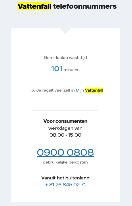 De website van Vattenfall meldt dat de gemiddelde wachttijd 101 minuten is