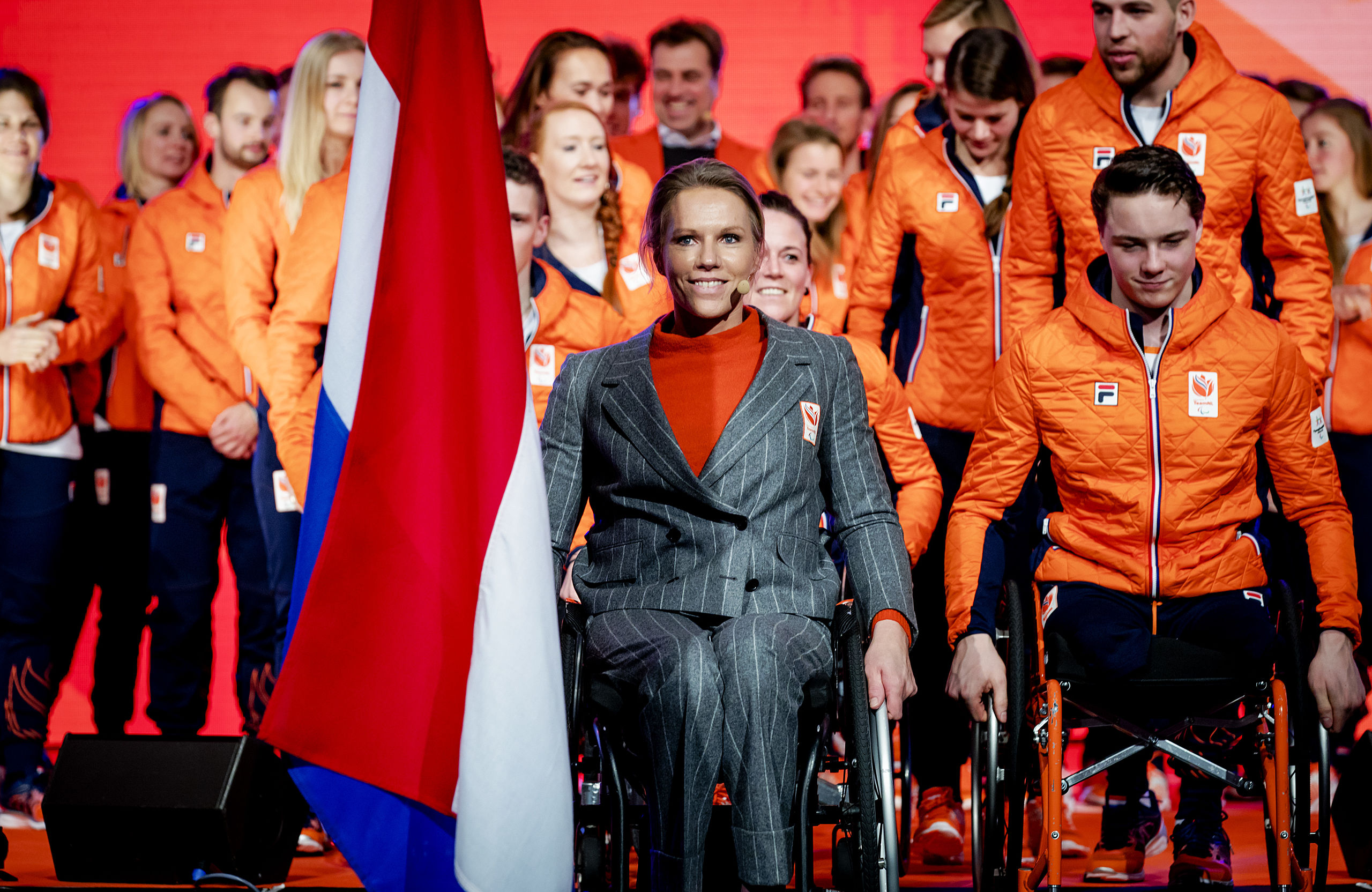 Chef de mission Esther Vergeer tijdens de teamoverdracht van Olympic en Paralympic TeamNL voor de Olympische Spelen van Pyeongchang.