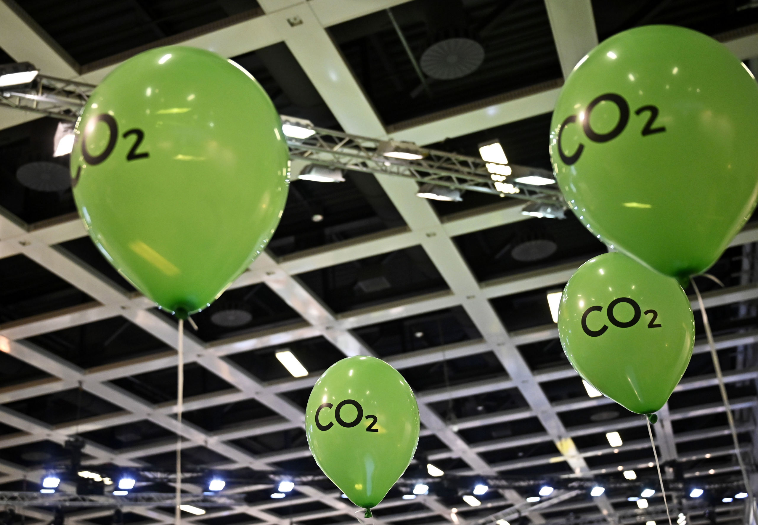2020-01-17 11:17:24 Green ballons bearing the inscription "CO2" are fluttering in a hall during the opening day of the Gruene Woche (Green Week) international agriculture fair in Berlin on January 17, 2020. The fair officially opens on January 17, 2020 and runs until January 26, with Croatia as partner country of the Green Week 2020.  Tobias SCHWARZ / AFP