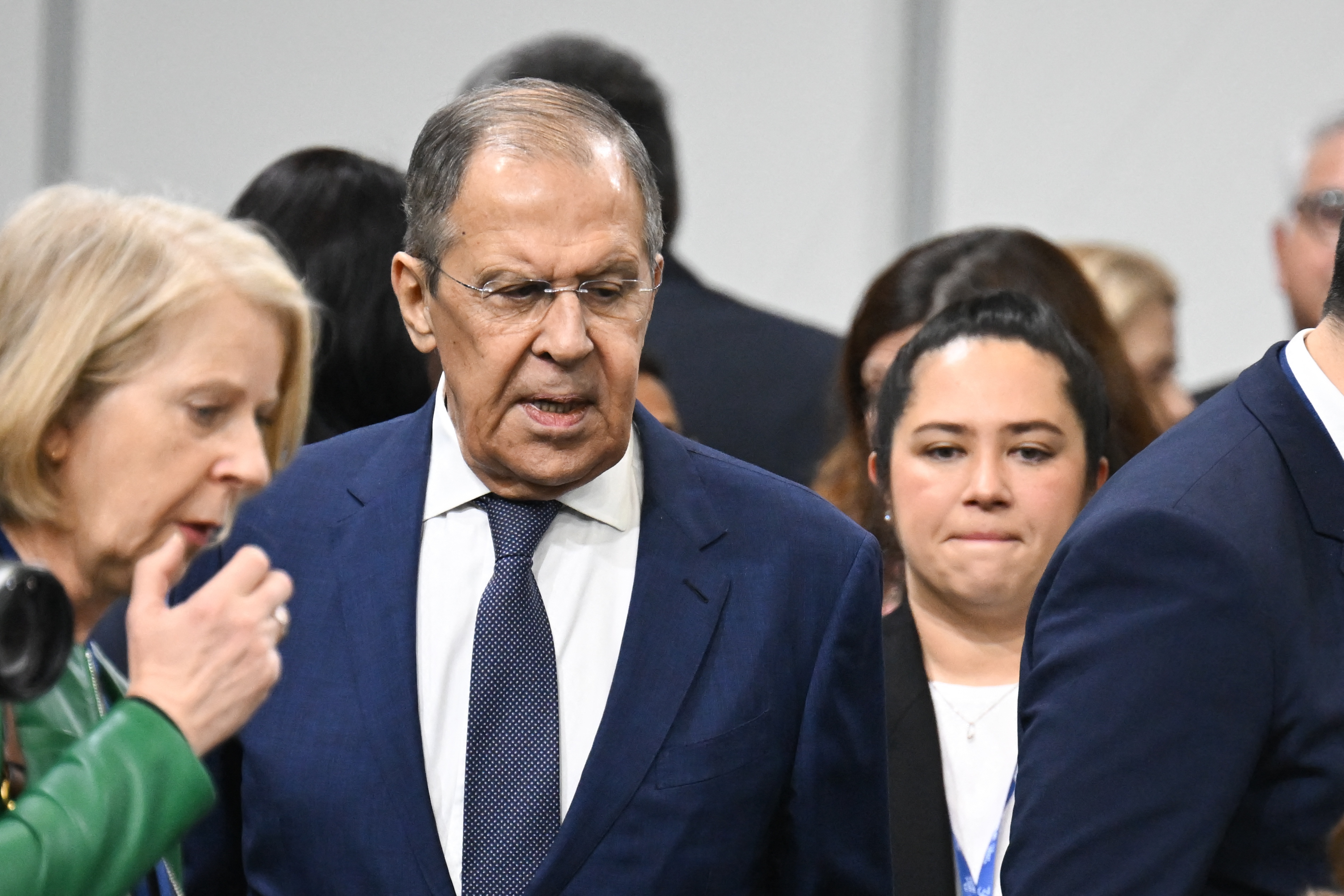 Russian Foreign Minister Sergei Lavrov met with foreign ministers of OSCE member states at the summit, but his plans were significantly disrupted by Bulgaria.  Lavrov had to travel through that country to the North Macedonia summit, but Bulgaria did not allow this.  Sebastian Gollnau/Pool/AFP