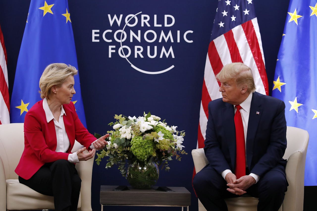 Voorzitter van de Europese Commissie Ursula von der Leyen en de Amerikaanse president Donald Trump op het World Economic Forum in Davos.