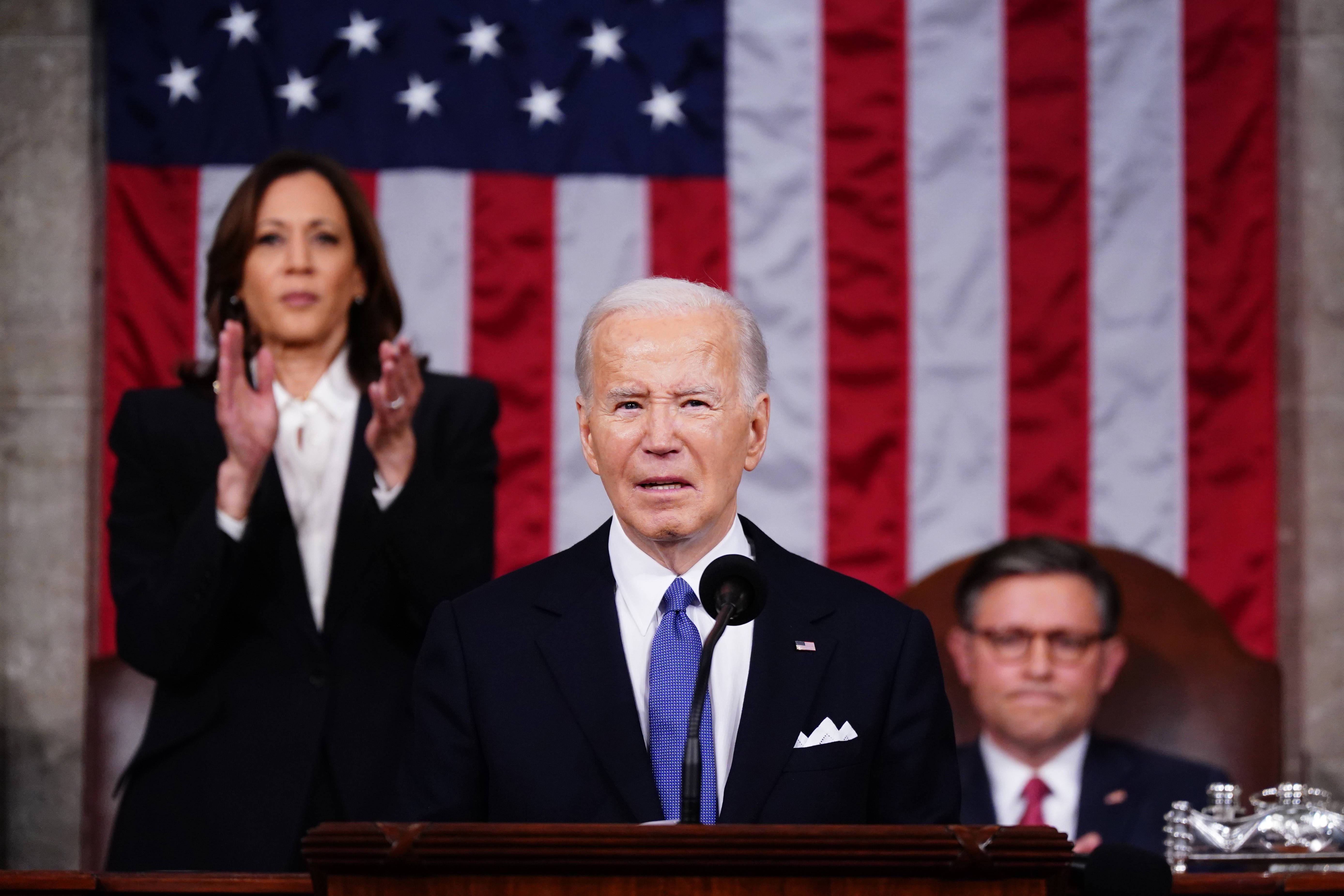 US President Joe Biden delivers his third State of the Union address in the House Chamber of the US Capitol in Washington, DC, USA, March 07, 2024. Credit: Shawn Thew / Pool via CNP/AdMedia//Z-ADMEDIA_adm_030724_SOTU_CNP_148/Credit:CNP /AdMedia /SIPA/2403082032