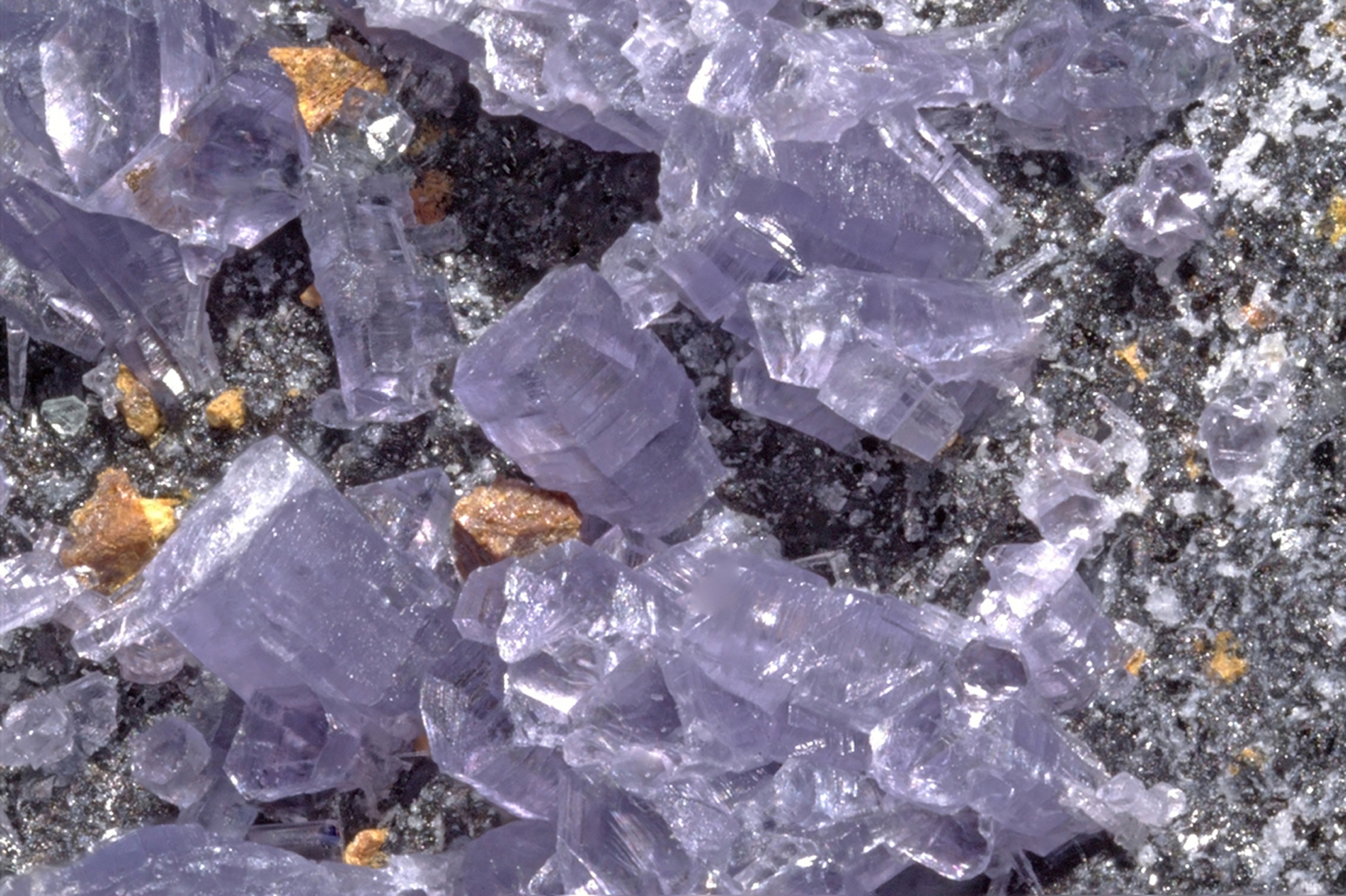 Geelbruine stukjes perovskiet tussen paarse chromoamesietkristallen