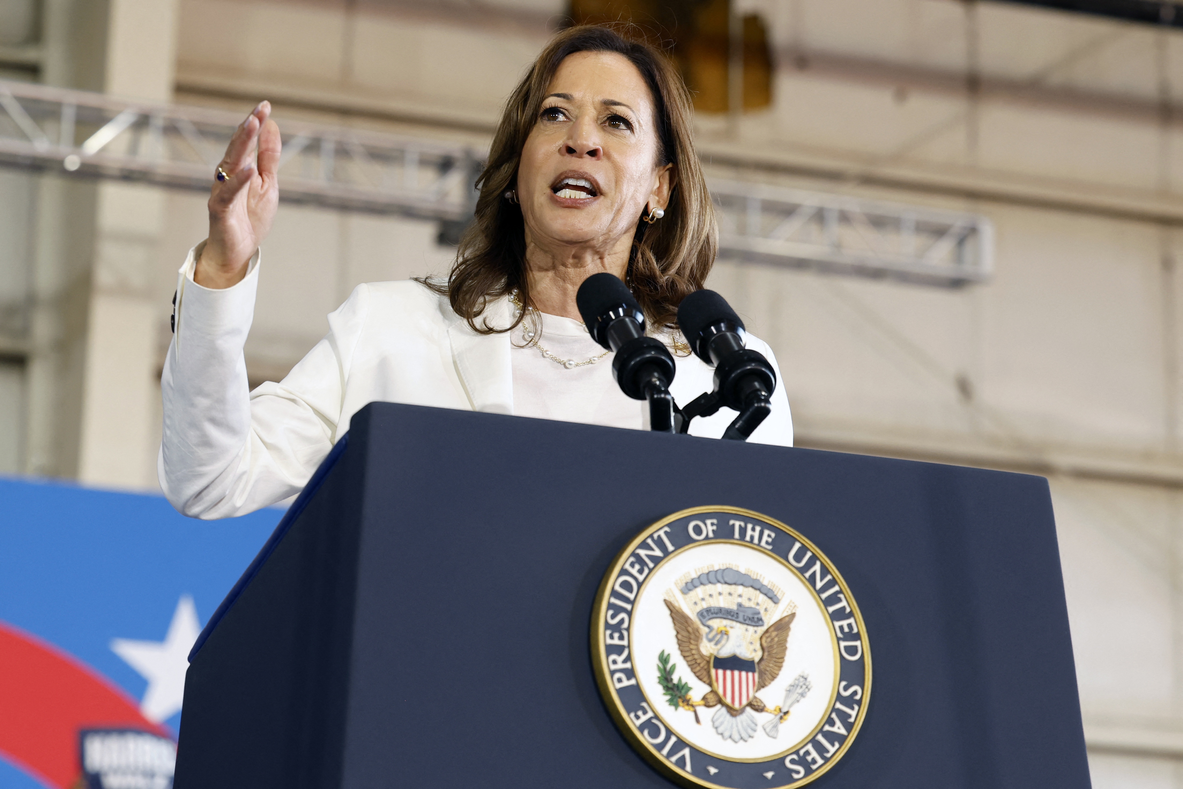 US Vice President and Democratic presidential candidate Kamala Harris speaks during a campaign rally at Detroit Metropolitan Airport in Romulus, Michigan, August 7, 2024. JEFF KOWALSKY / AFP