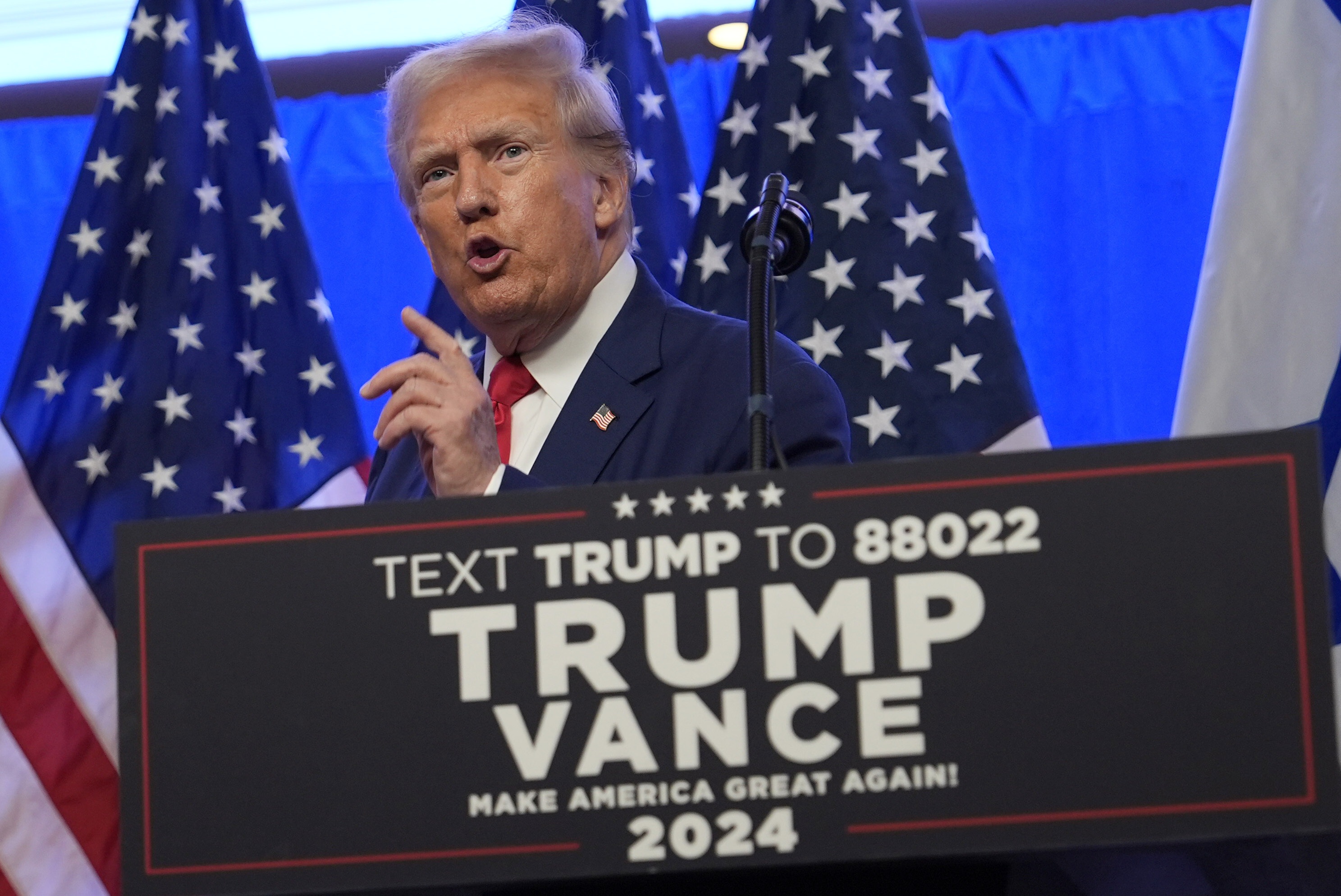 Republican presidential candidate and former President Donald Trump speaks during an event on combating anti-Semitism at Trump National Golf Club, Thursday, Aug. 15, 2019, in Bedminster, N.J. (AP Photo/Julia Nickinson)