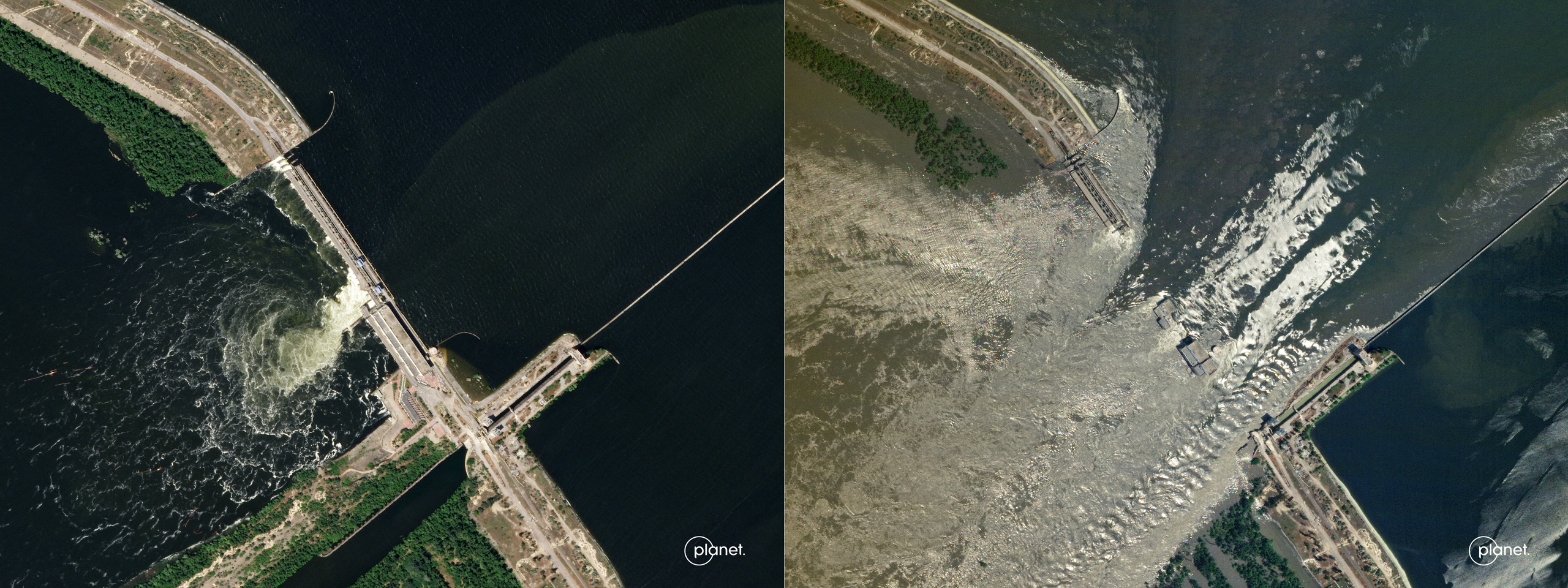 Beelden van de Kachovka-dam, voor en na de explosie. 
