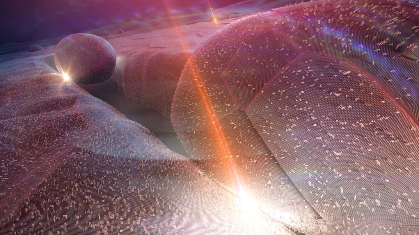 A gold nanoparticle in a groove focuses infrared radiation into a nanometer-thick gap, where vibrating molecules convert it to visible light.