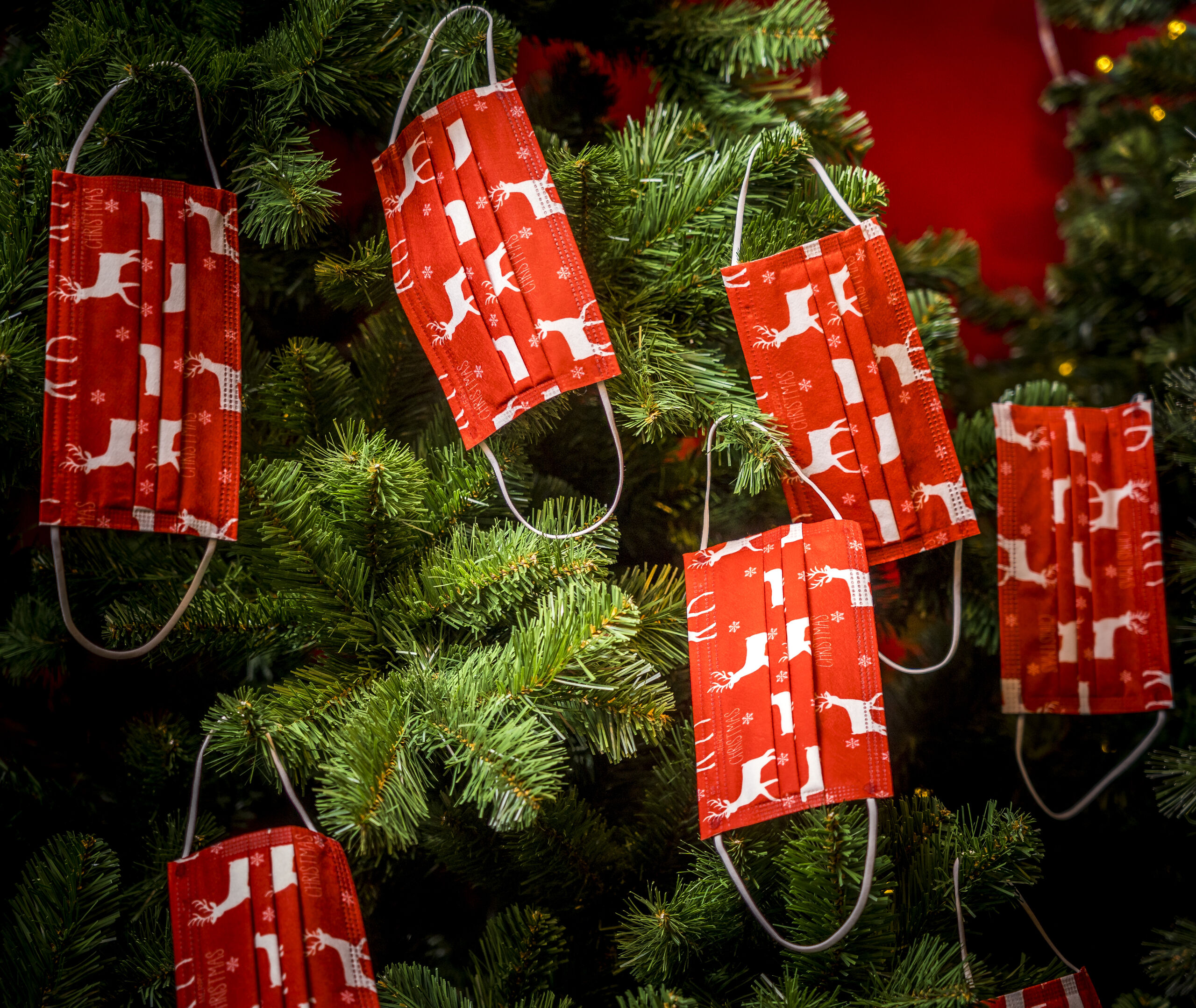 DEN HAAG - Mondkapjes in een kerstboom. Tijdens de feestdagen spelen veel ondernemers in op het verkopen van kerstartikelen die inhaken op het coronavirus. ANP XTRA LEX VAN LIESHOUT 
