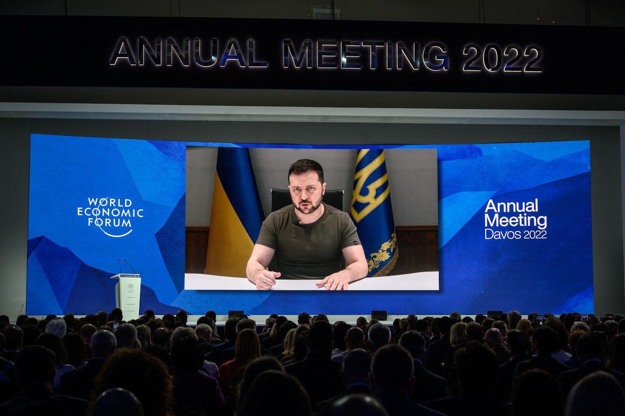 De Oekraïense president Zelenski tijdens zijn toespraak op het Worldd Economic Forum in Davos.