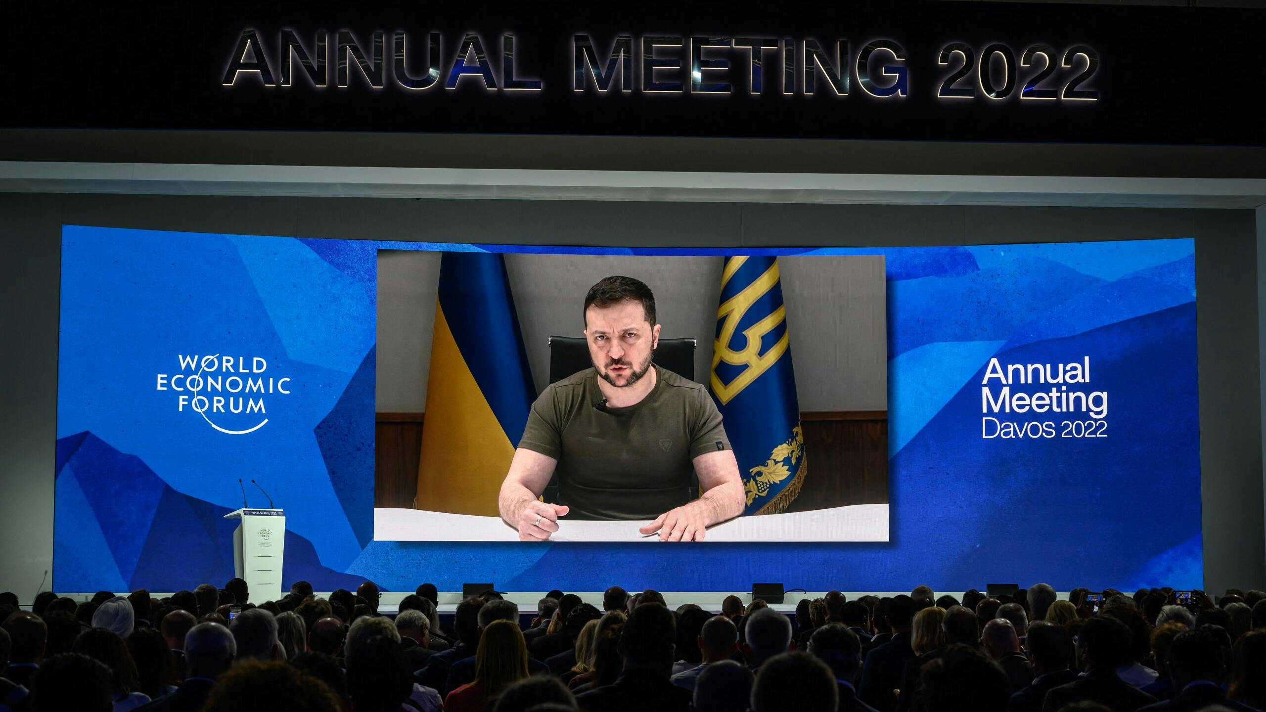De Oekraïense president Zelenski tijdens zijn toespraak op het Worldd Economic Forum in Davos. 