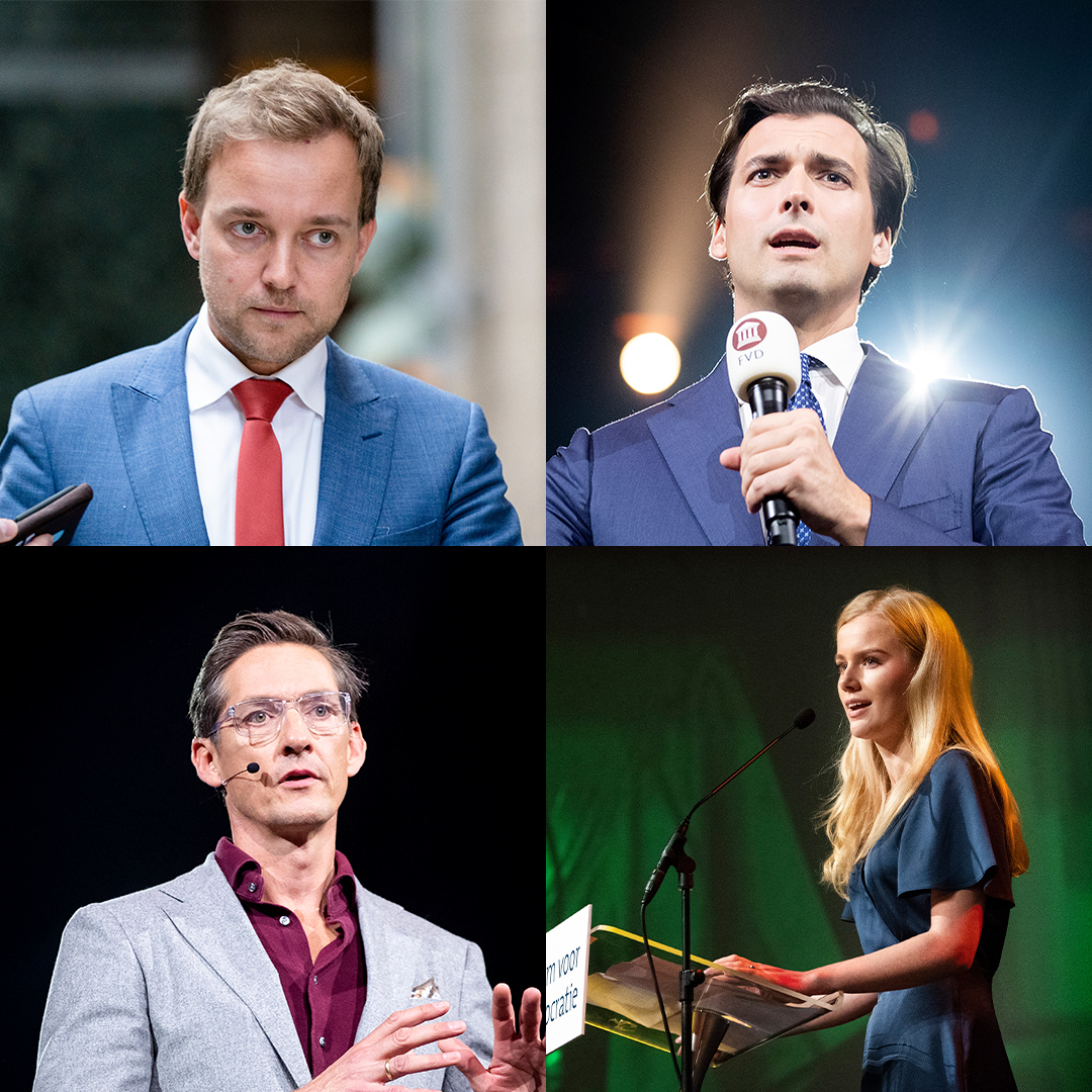 Lennart van der Linden (bestuurslid en senator, linksboven) Thierry Baudet (oprichter, rechtsboven), Joost Eerdmans (nummer 4 van de conceptkieslijst, linksonder) en Eva Vlaardingerbroek