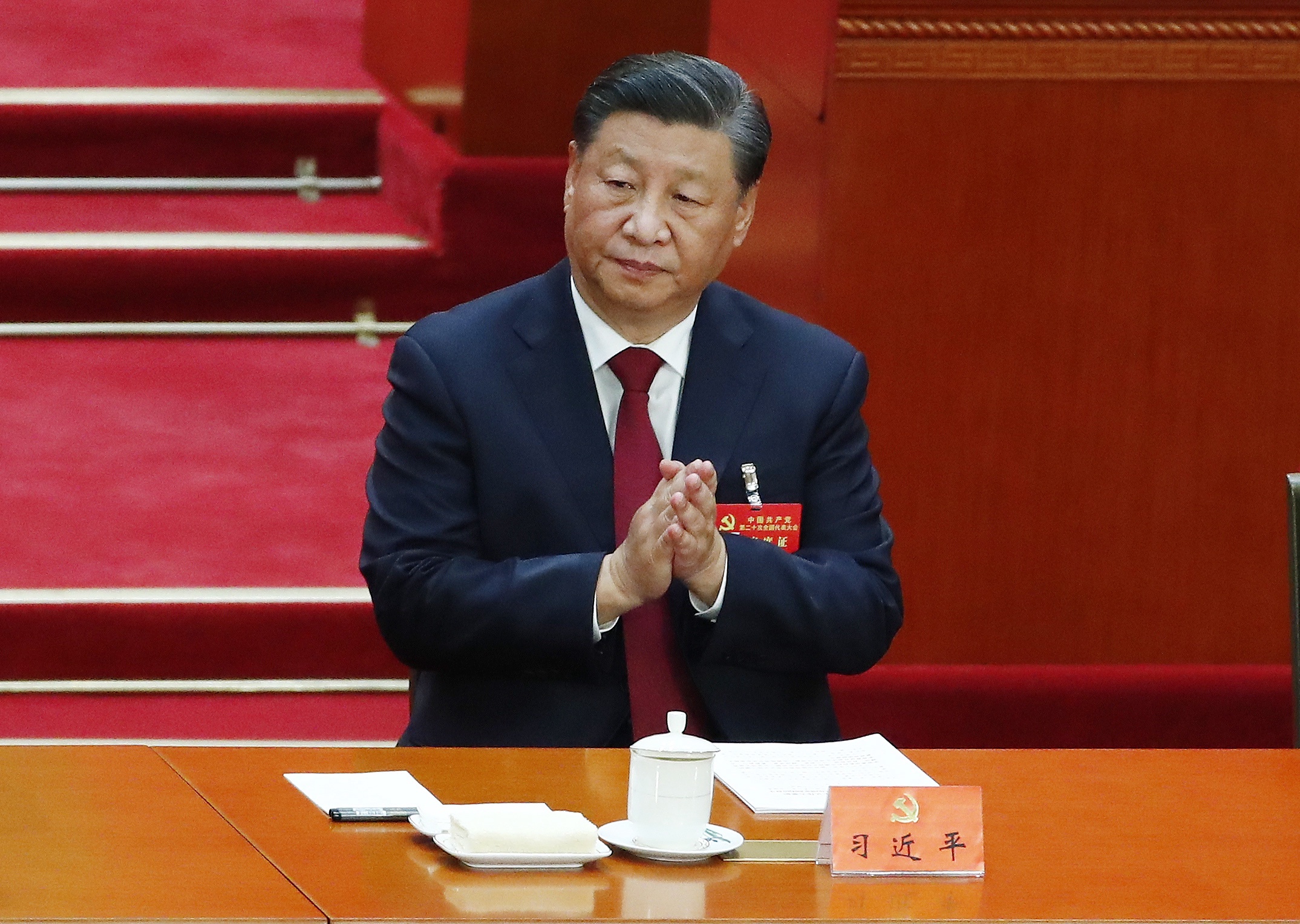 De Chinese president Xi Jinping tijdens de opening van het partijcongres van de Communistische Partij.