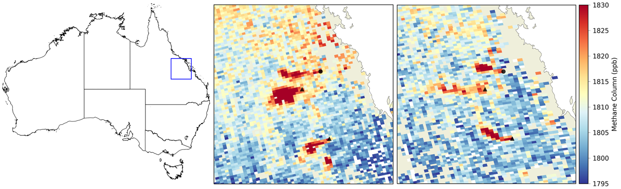 TROPOMI methaanobservaties op twee verschillende dagen laten duidelijk drie kolenmijnlocaties zien. De bovenste is de bovengrondse mijn, terwijl de andere locaties bestaan uit ondergrondse mijnen. Boven: Hail Creek. Midden: Broadmeadow, Moranbah North en Grosvenor. Onder: Grasstree en Oaky North.
