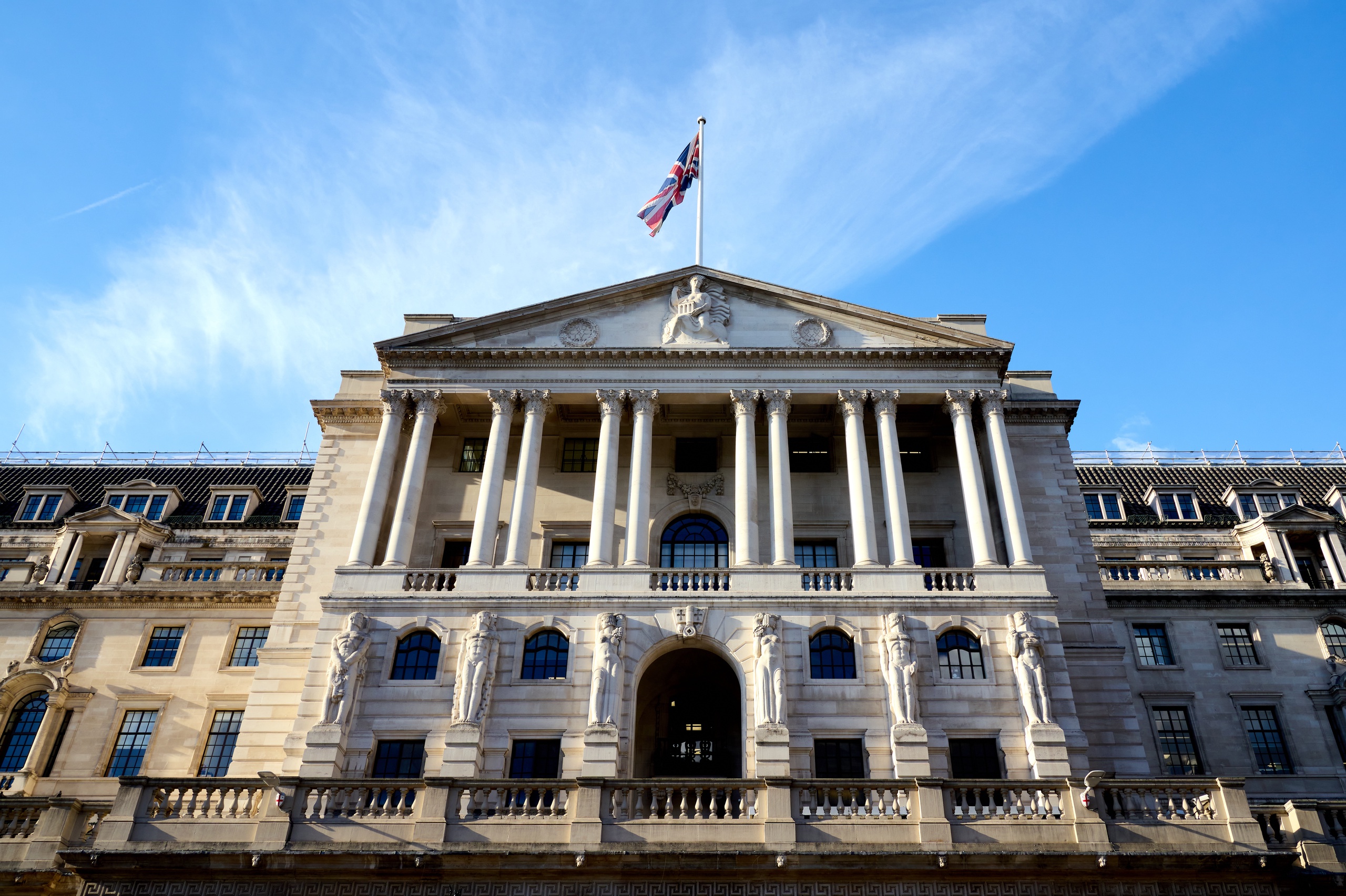 Het vooraanzicht van de Bank of England, de Britse centrale bank.