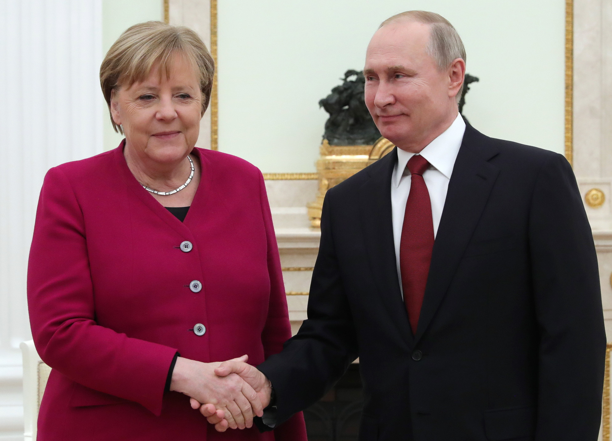 De Duitse bondskanselier Merkel en de Russische president Poetin in januari dit jaar. 
