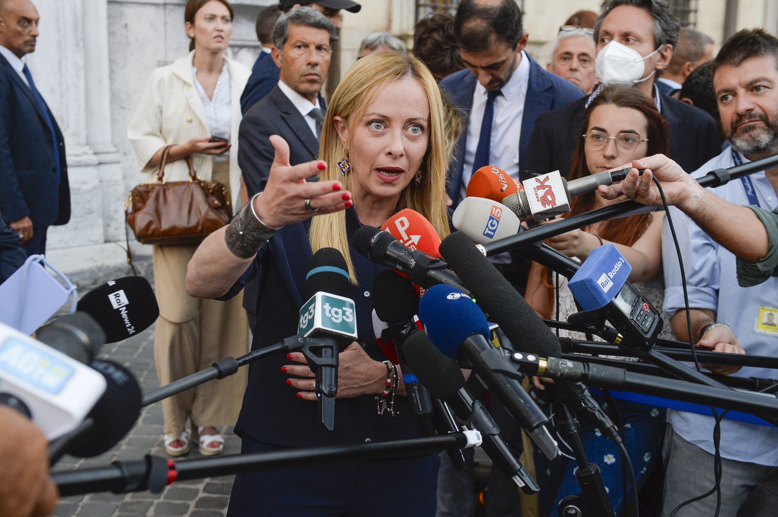 Italy, Rome - August 11, 2023: Italian Prime Minister Giorgia Meloni speaks to reporters