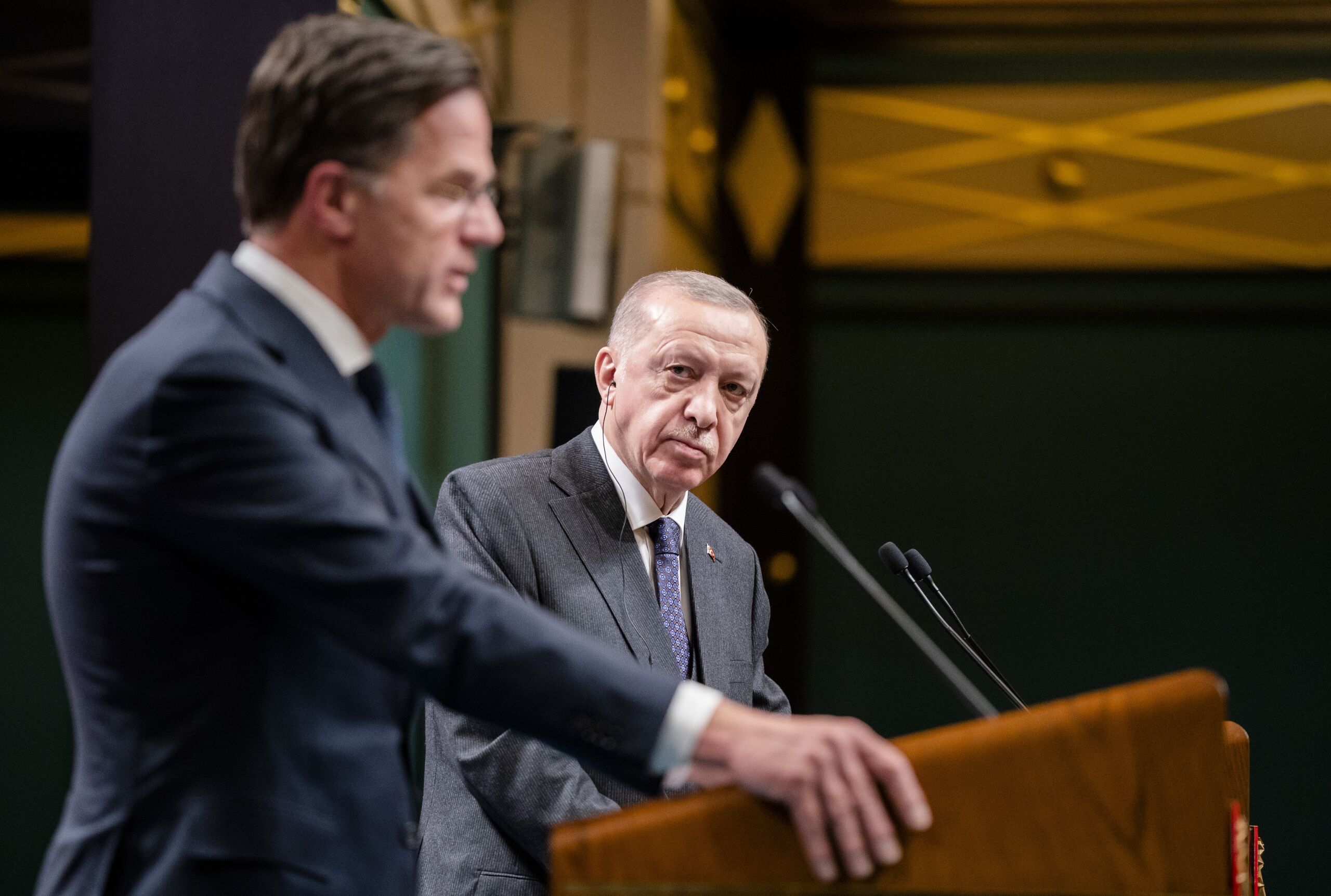 Minister-president Mark Rutte tijdens een persconferentie met president Recep Tayyip Erdogan van Turkije. 