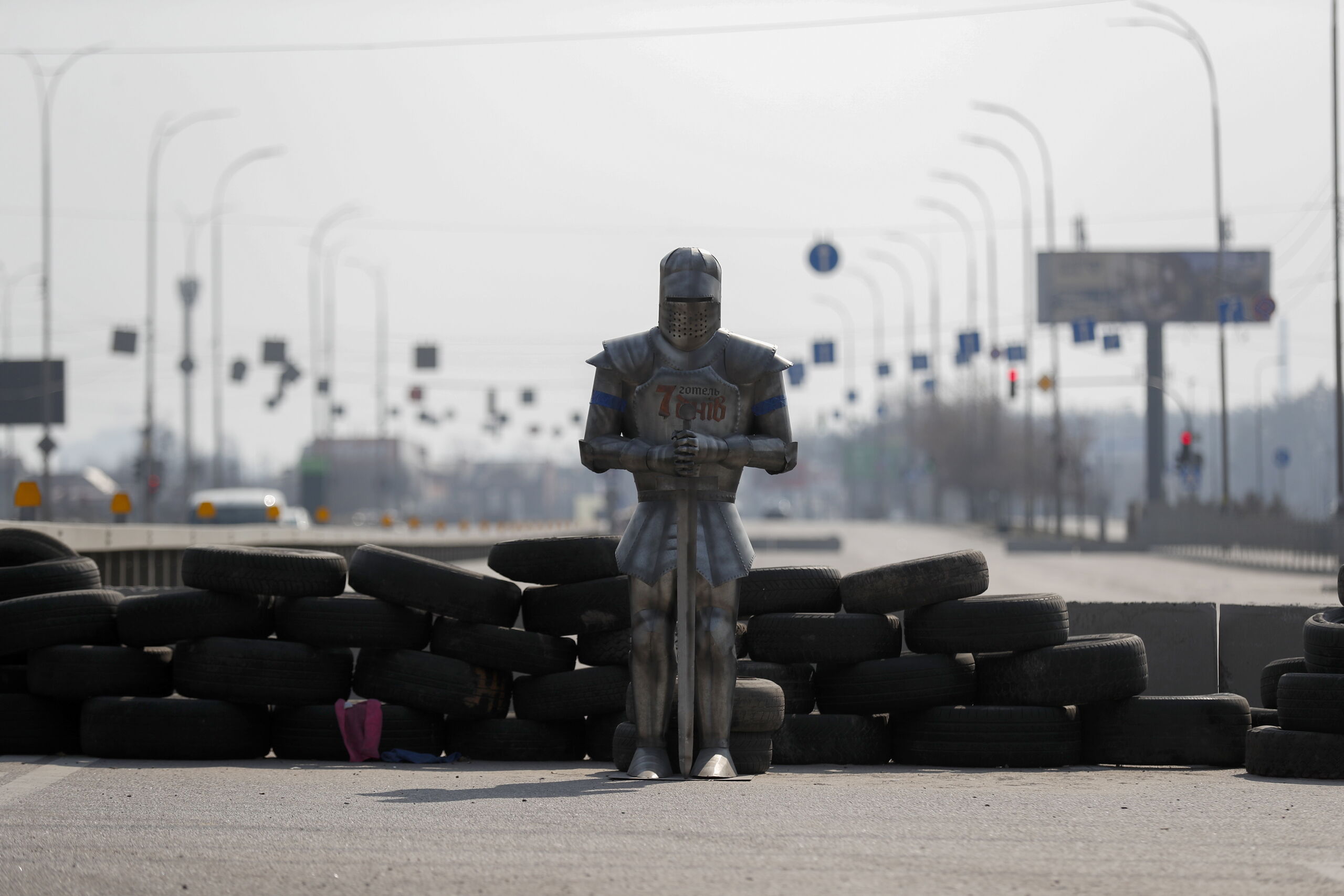 epa09844615 A statue of a warrior with a sword is seen at a checkpoint on the outskirt of Kiev (Kyiv), Ukraine, 23 March 2022. Russian troops entered Ukraine on 24 February prompting the country's president to declare martial law and triggering a series of announcements by Western countries to impose severe economic sanctions on Russia.  EPA/ATEF SAFADI