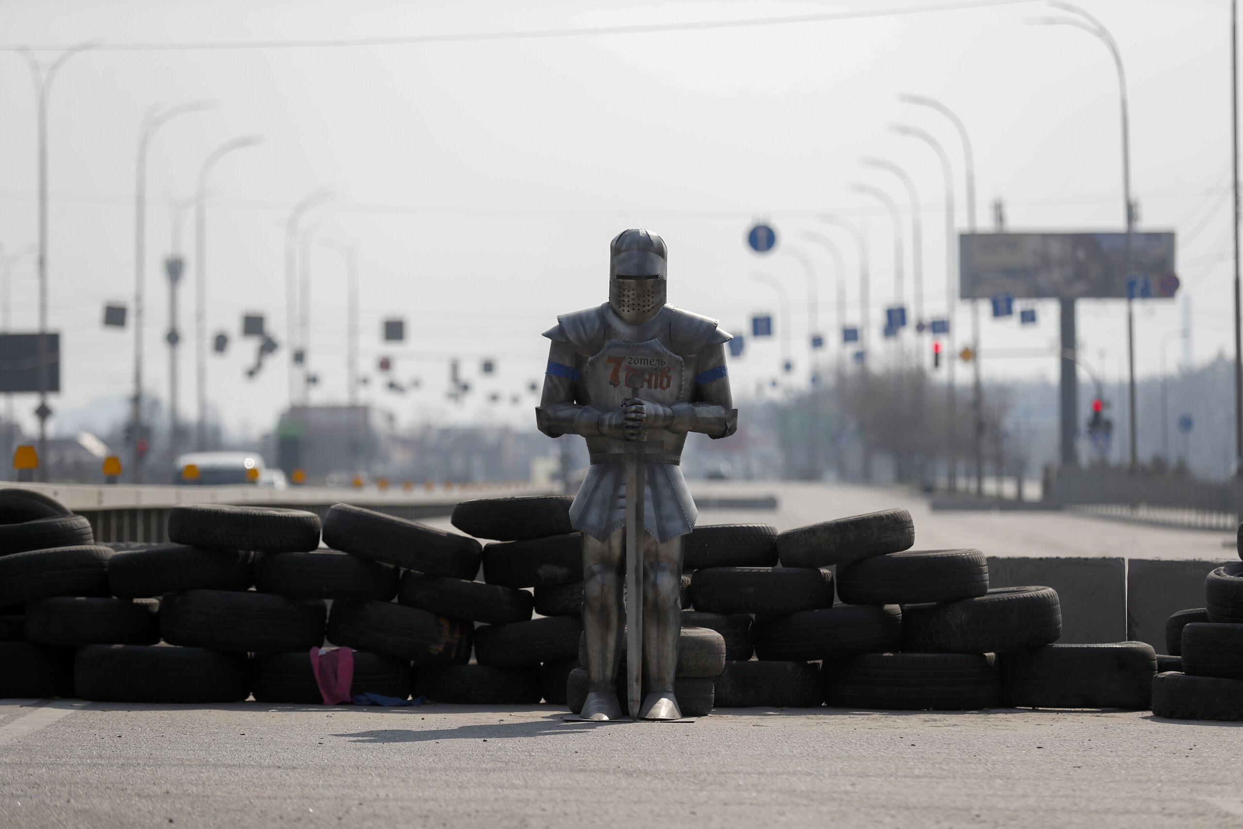 epa09844615 A statue of a warrior with a sword is seen at a checkpoint on the outskirt of Kiev (Kyiv), Ukraine, 23 March 2022. Russian troops entered Ukraine on 24 February prompting the country's president to declare martial law and triggering a series of announcements by Western countries to impose severe economic sanctions on Russia. EPA/ATEF SAFADI