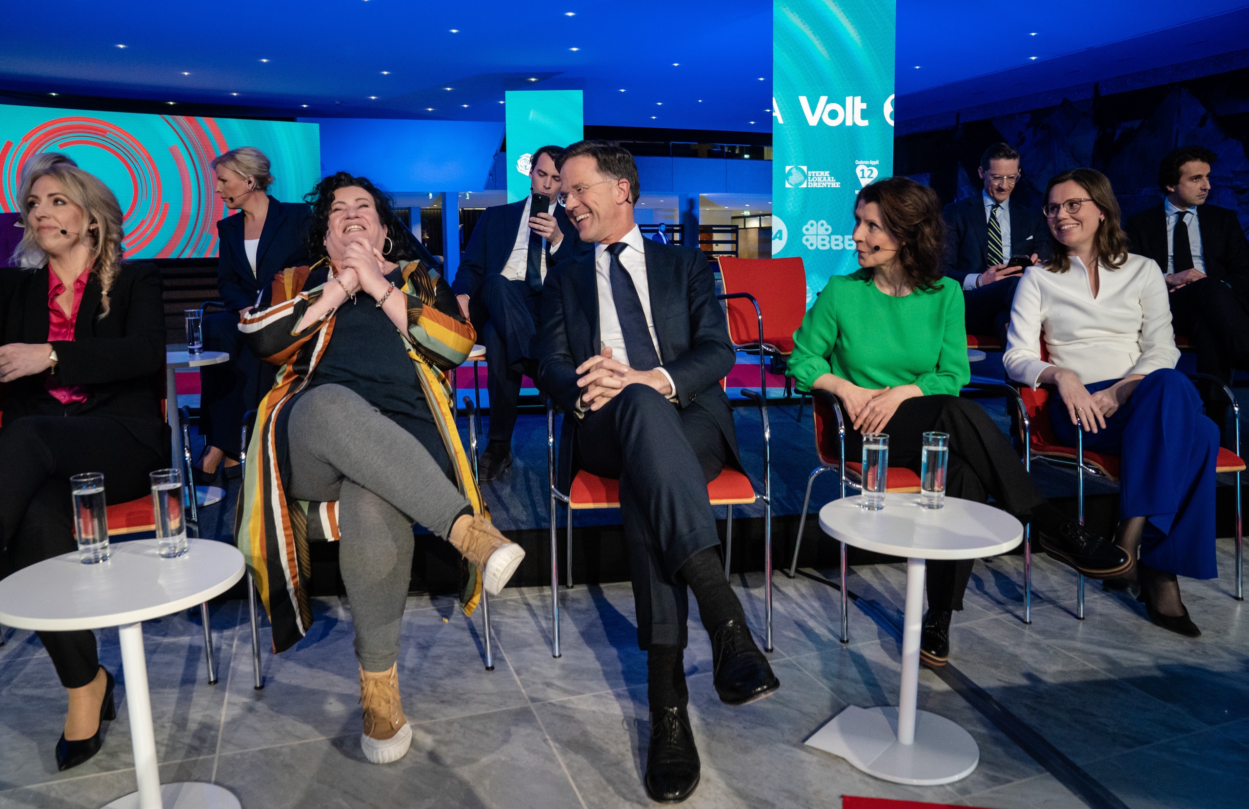 Caroline van der Plas (BBB), Mark Rutte (VVD) na afloop van het televisiedebat van de NOS in aanloop naar de Provinciale Statenverkiezingen. 