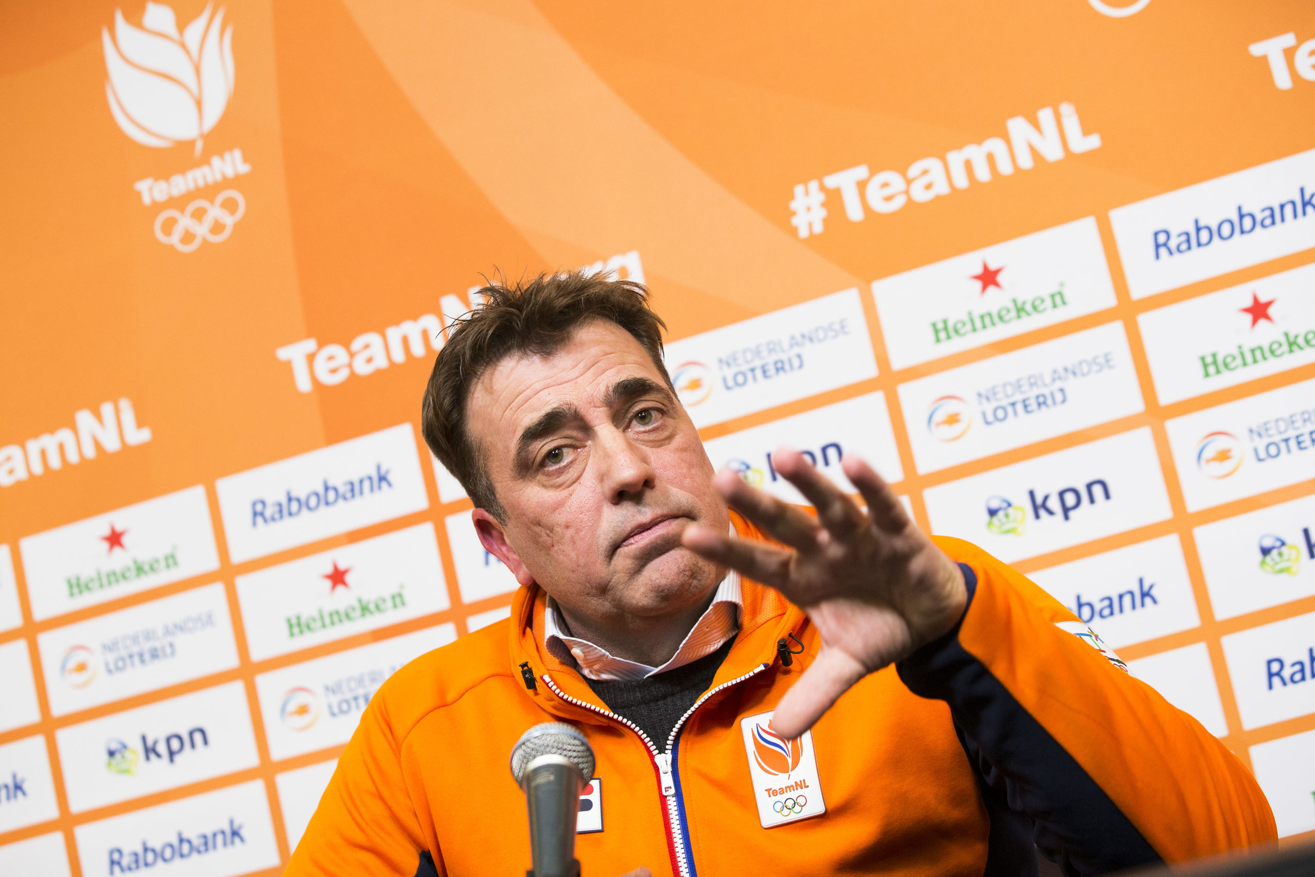 Chef de mission Jeroen Bijl tijdens de persconferentie in het Holland Heineken House voorafgaand aan de Olympische Winterspelen van Pyeongchang.