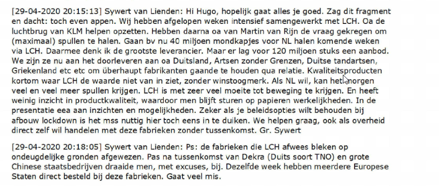 Een deel van de vele berichten die Sywert van Lienden stuurde naar Hugo de Jonge, die destijd coronaminister was.