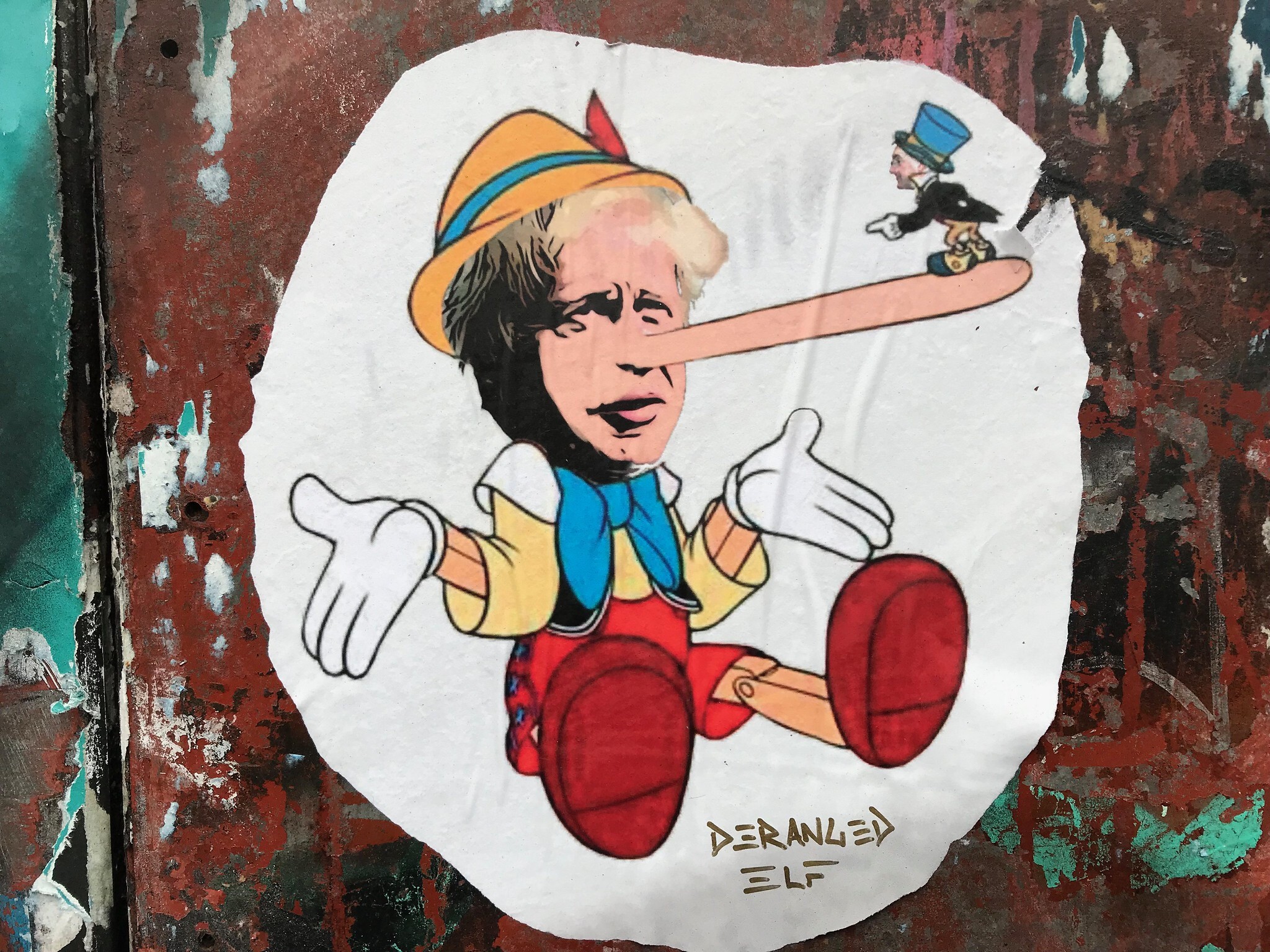 Muurschildering van Johnson als Pinokkio