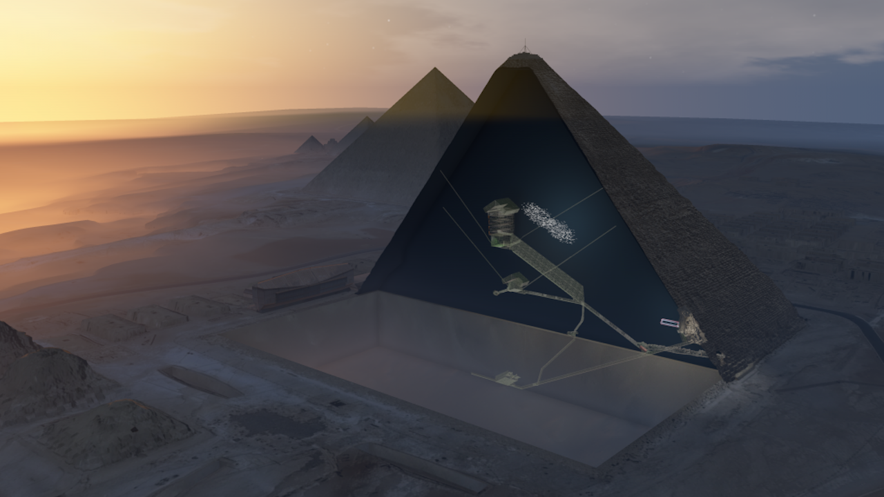 Doorsnede van de Piramide van Cheops met daarin de positie van de nieuw ontdekte lege ruimte