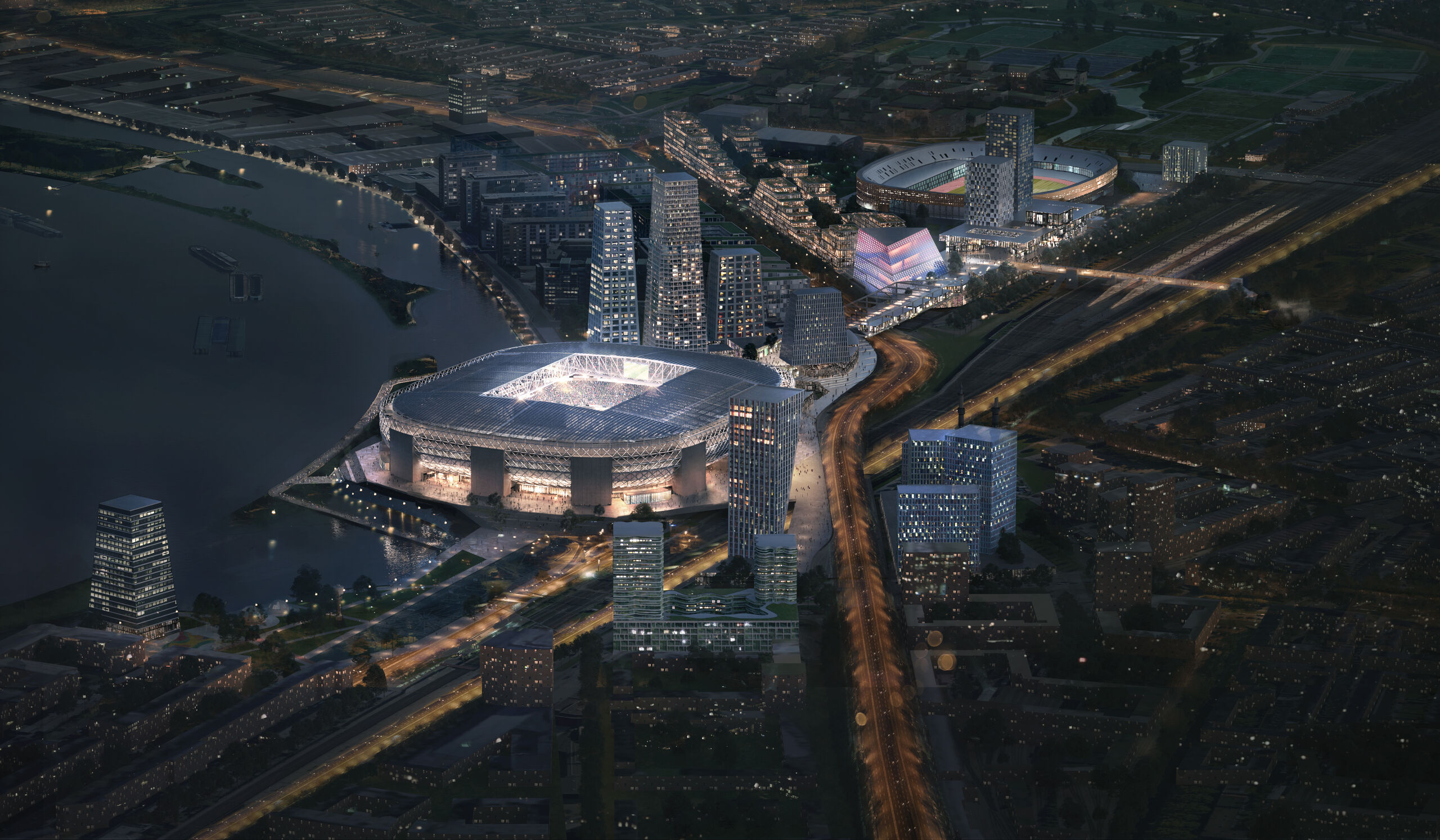 Feyenoord City bij schemering