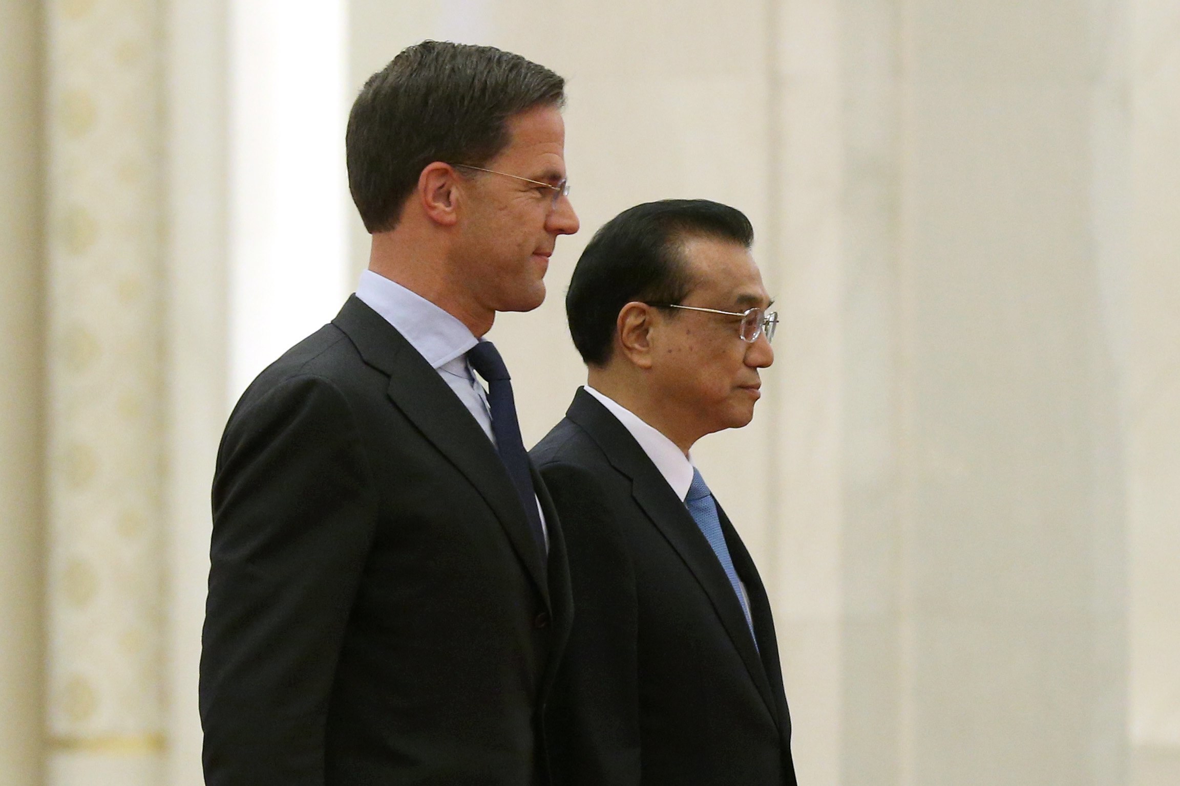 Premier Rutte en zijn Chinese collega Li Keqiang in Beijing in april van dit jaar.