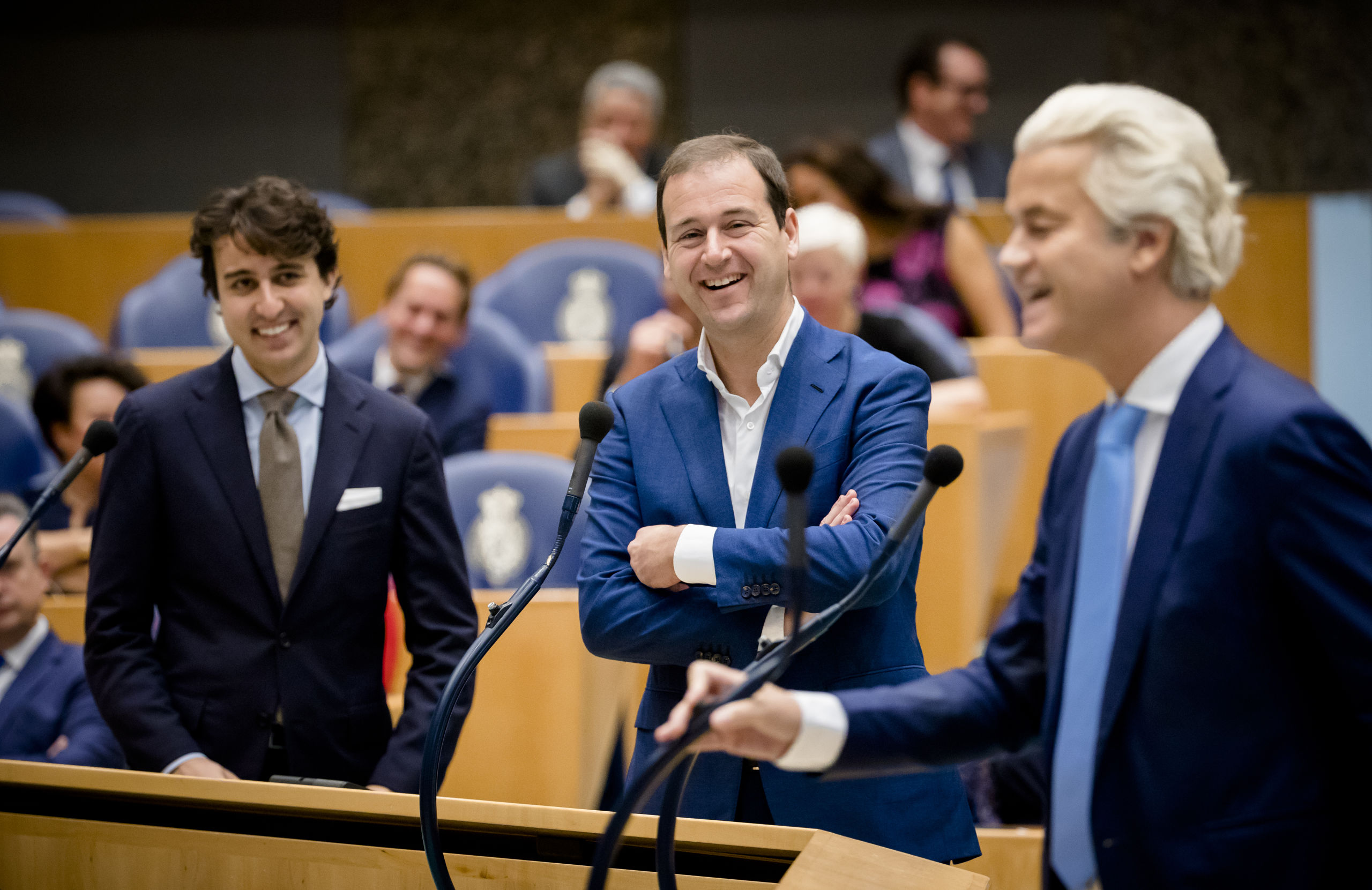 DEN HAAG - Jesse Klaver (Groenlinks), Lodewijk Asscher (PVDA) en PVV-fractievoorzitter Geert Wilders tijdens het Tweede Kamerdebat over het eindverslag van de informatie. ANP BART MAAT