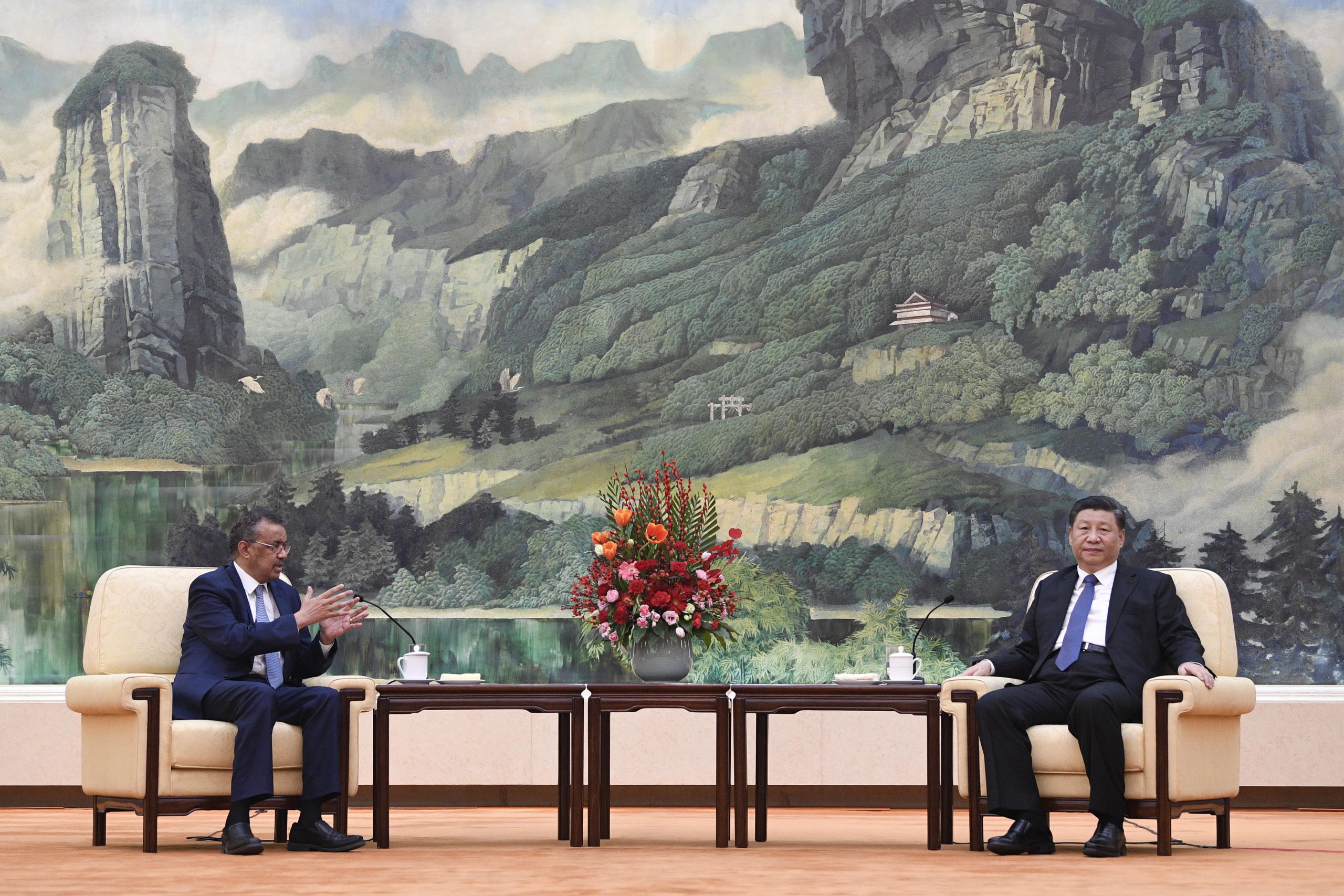 Tedros Adhanom (L), de baas van de WHO bij een ontmoeting met Xi Jinping (R) in Beijing.