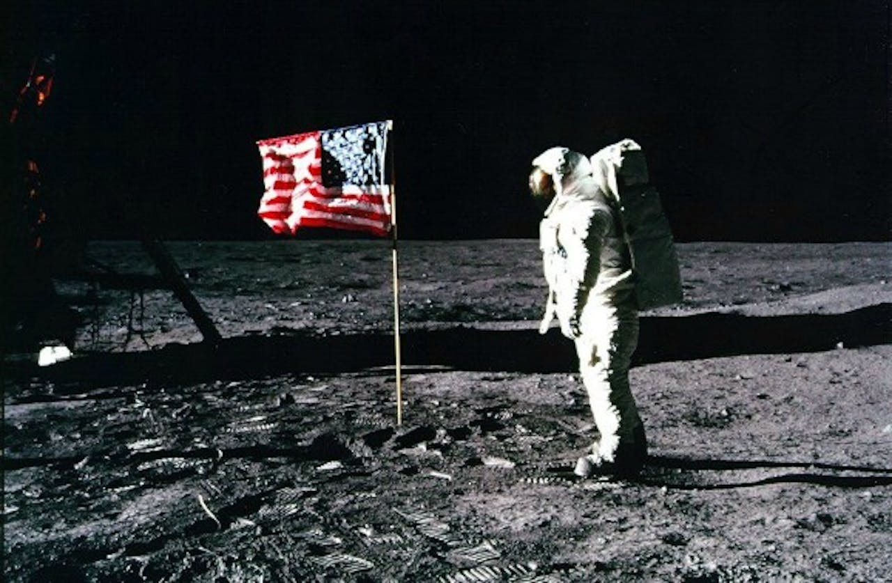 Astronaut Edwin 'Buzz' Aldrin tijdens de eerste maanlandig op 19 juli 1969