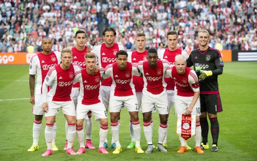 De selectie van Ajax voor de wedstrijd tegen Rapid wien. ANP