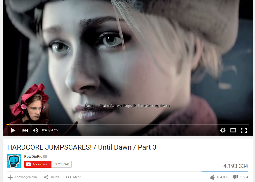 Screenshot PewDiePie, behaalde sinds hij begon ruim 10 miljard views.