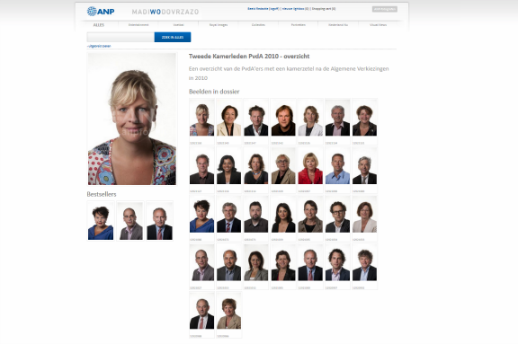 Schermafdruk van de ANP-fotodatabase met alle PvdA-Kamerleden die bij de verkiezingen in 2010 een zetel hadden bemachtigd.