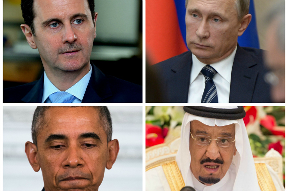 Links de Syrische president Assad, daarnaast P oetin, onder Poetin de Saoedische koning Salman bin Abdoel Aziz al-Saoed, en daarnaast Obama