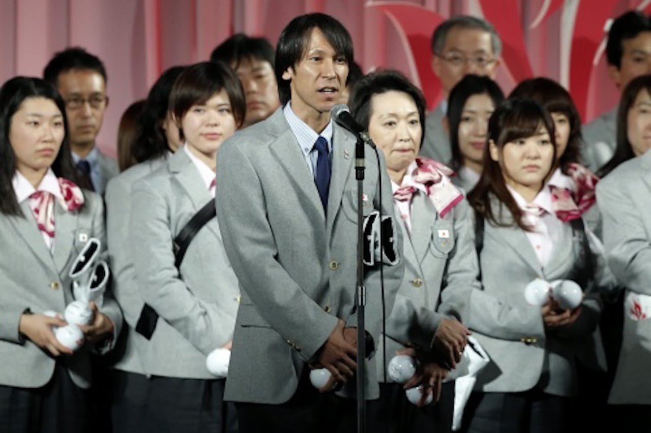 De Japanse olympische ploeg met op de voorgrond Noriaki Kasai. EPA