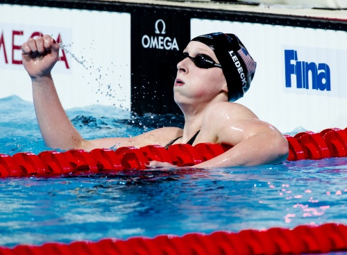 Katie Ledecky (USA) na haar wereldrecord op de na de finale van de 1500 meter vrije slag op het WK zwemmen in Barcelona, ANP