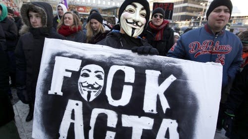 Protesten in Zweden tegen het verdrag ACTA. EPA