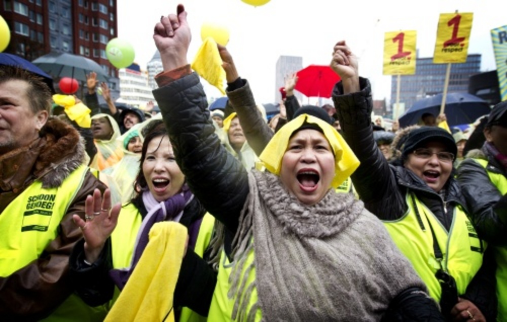 Schoonmakers tijdens een eerdere protestmars in Rotterdam op 19 januari. ANP