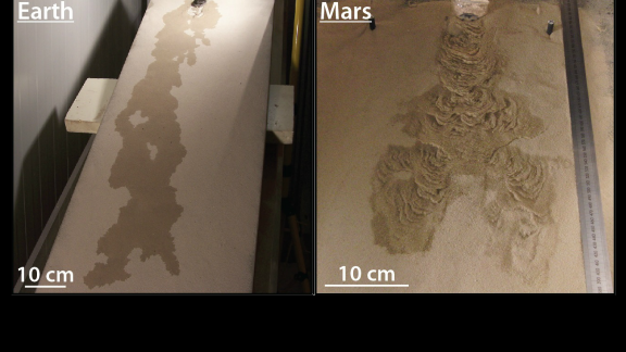 Water stroomt een zandhelling af. Links onder een aardse atmosfeer, rechts zoals dat op Mars gaat. (Foto: M. MassÃ©)
