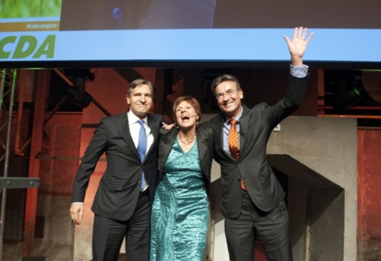 Sybrand van Haersma Buma (L), Ruth Peetoom (M) en Maxime Verhagen na het CDA-congres in Utrecht. ANP