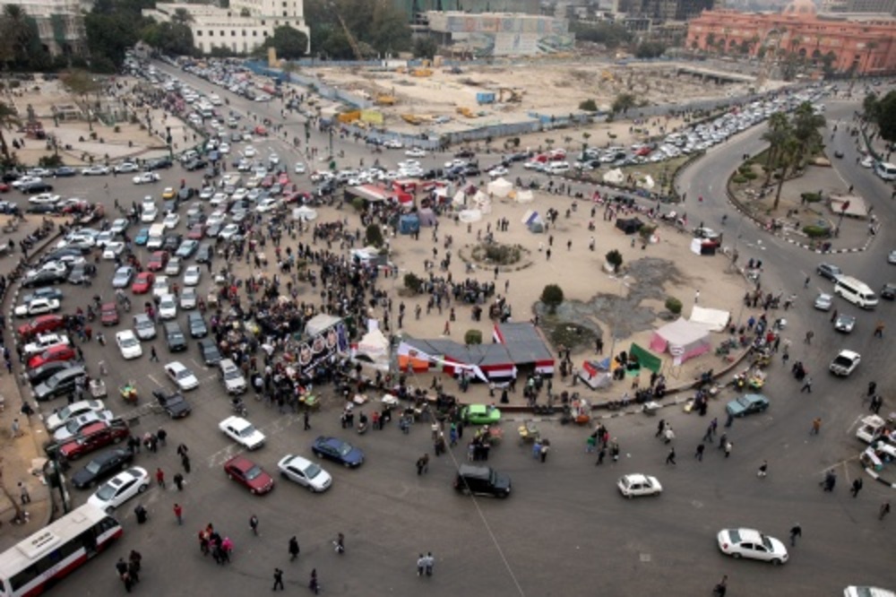 Het Tahrirplein in Caïro dinsdag, waar de opstand vorig jaar begon. EPA