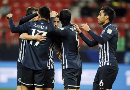 De spelers van Monterrey vieren een doelpunt. EPA