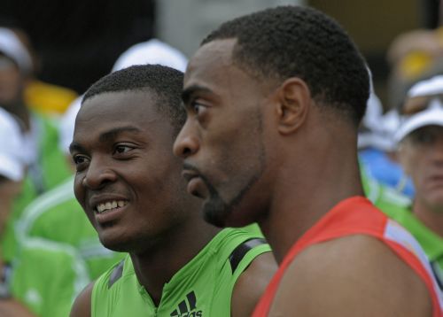Steve Mullings (R) en Tyson Gay tijdens de IAAF Diamond League Adidas Grand Prix (archieffoto 11 juni 2011). EPA