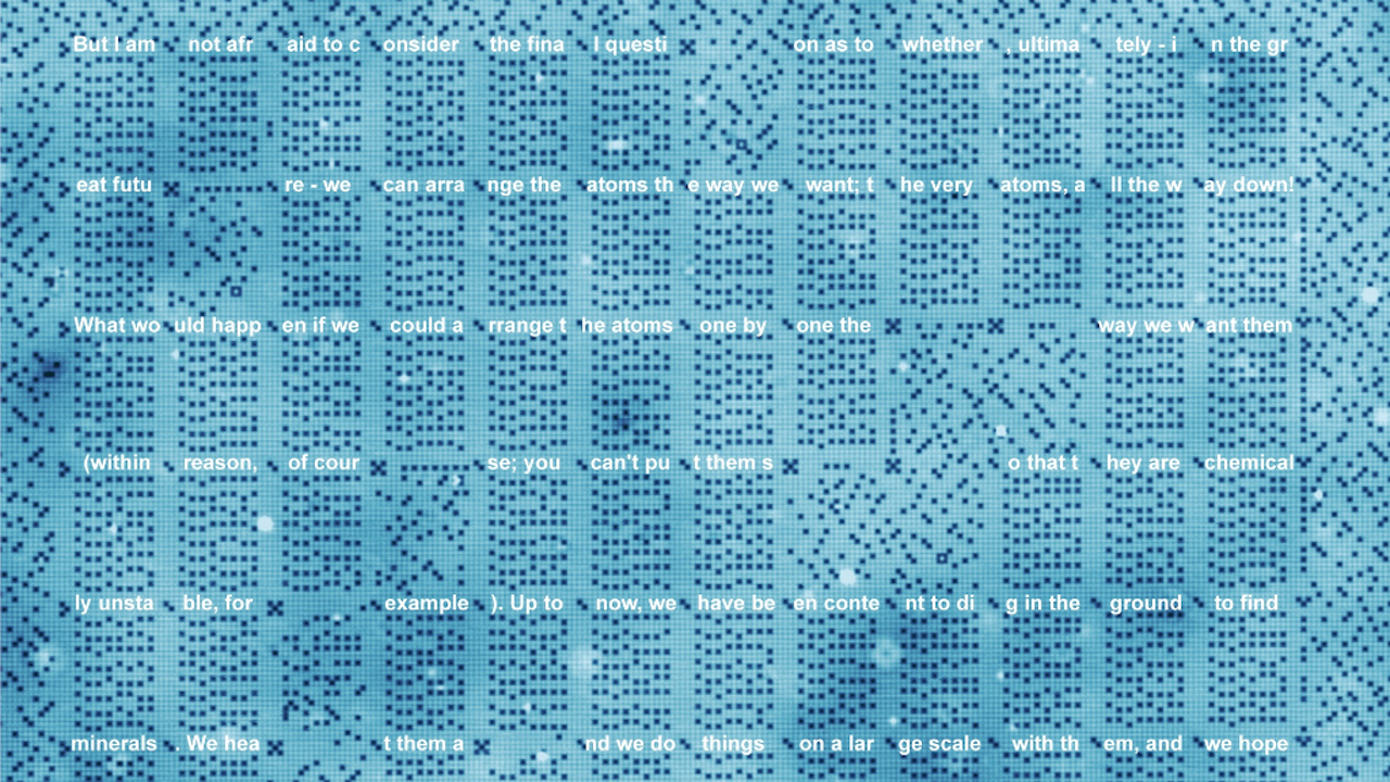 Fragment van het 1kB geheugen van 96 nanometer breed. Erop gecodeerd staat een deel van een beroemd college van de natuurkundige Richard Feynman met de titel "Onderin is nog voldoende ruimte" (Afbeelding: TU Delft)